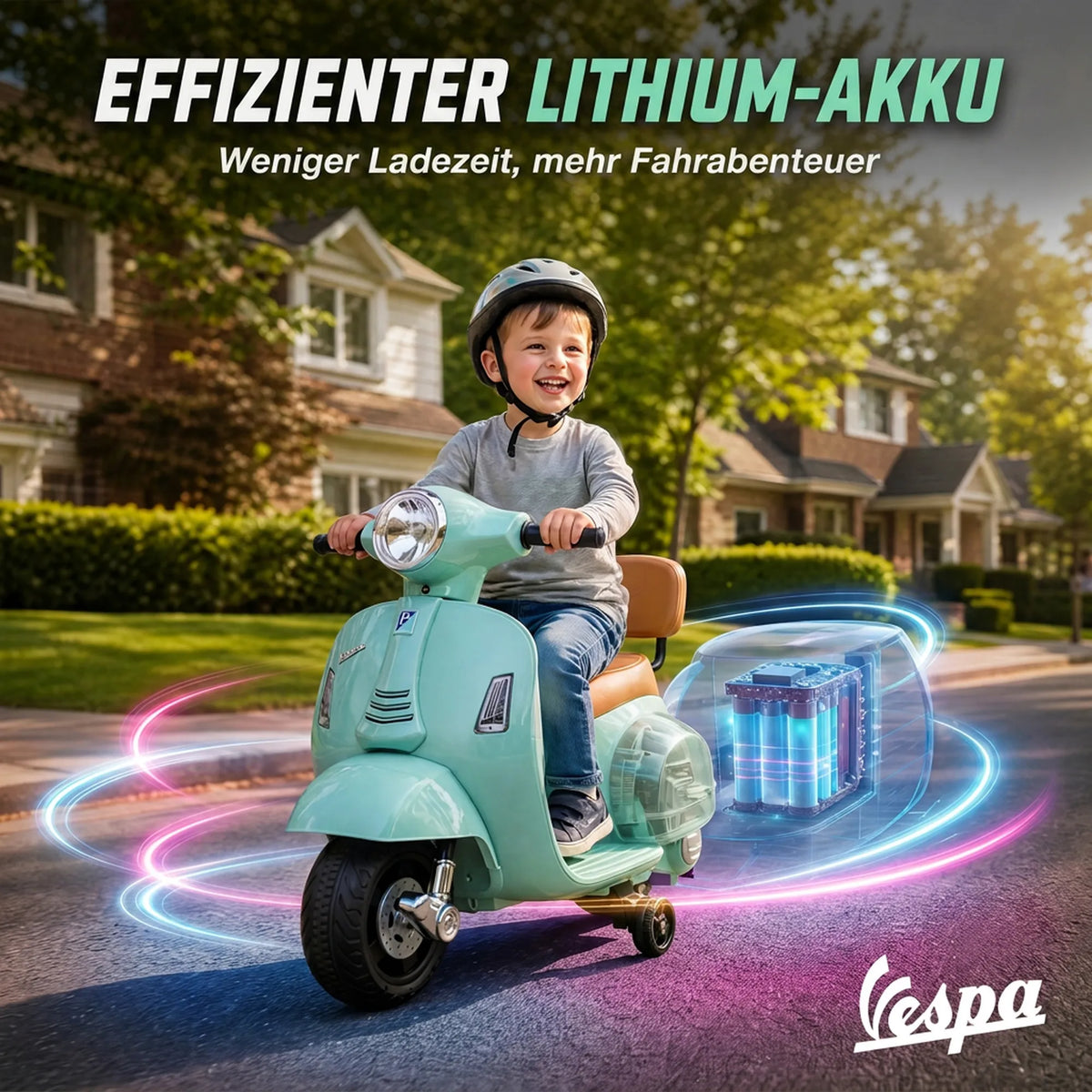 Elektrinis vaikiškas motociklas „Mini Vespa GTS“, 6 V, ličio akumuliatorius, ergonomiška sėdynė ir atlošas, 1,5–3 metų vaikams