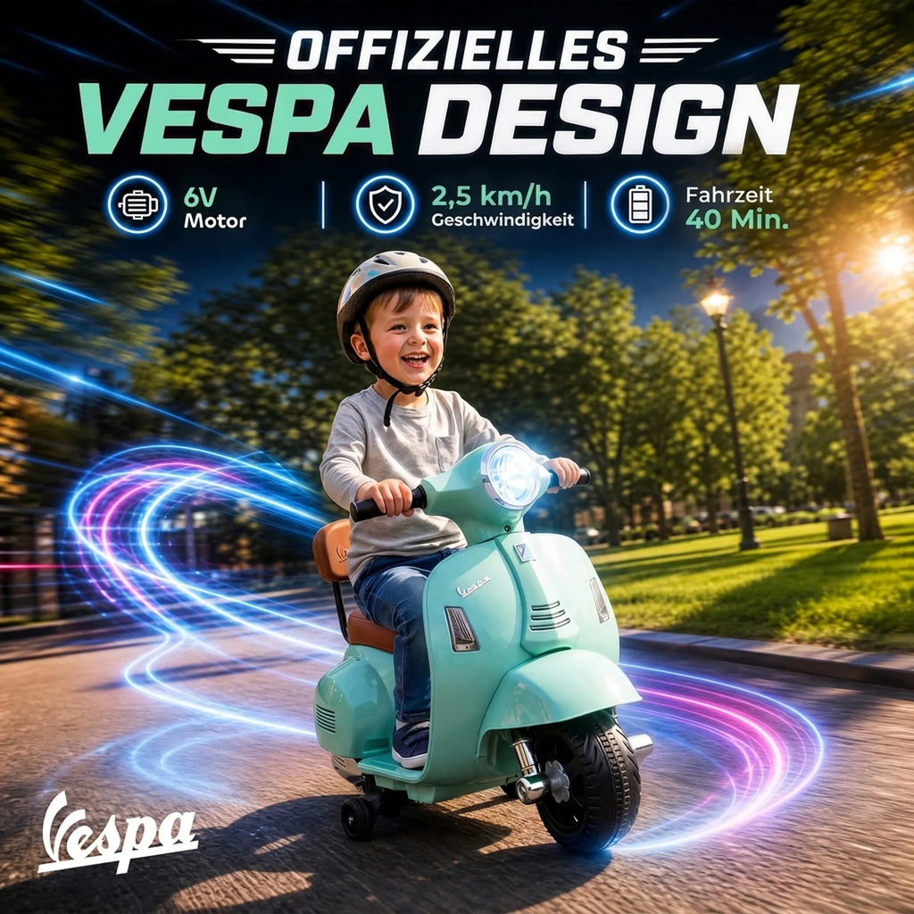 Elektrinis vaikiškas motociklas „Mini Vespa GTS“, 6 V, ličio akumuliatorius, ergonomiška sėdynė ir atlošas, 1,5–3 metų vaikams