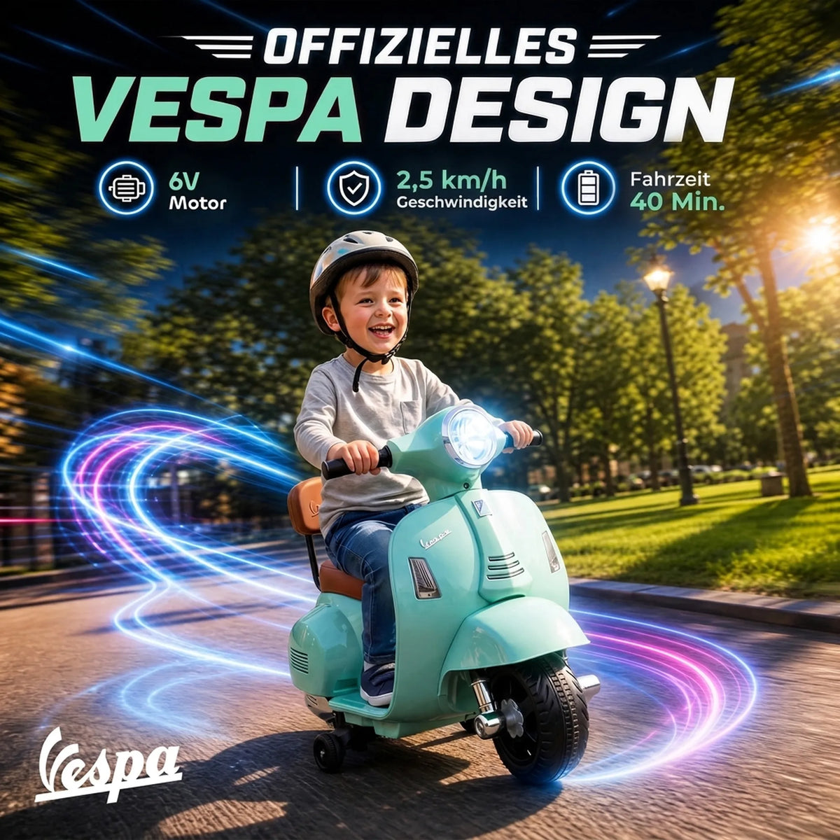 Elektrinis vaikiškas motociklas „Mini Vespa GTS“, 6 V, ličio akumuliatorius, ergonomiška sėdynė ir atlošas, 1,5–3 metų vaikams