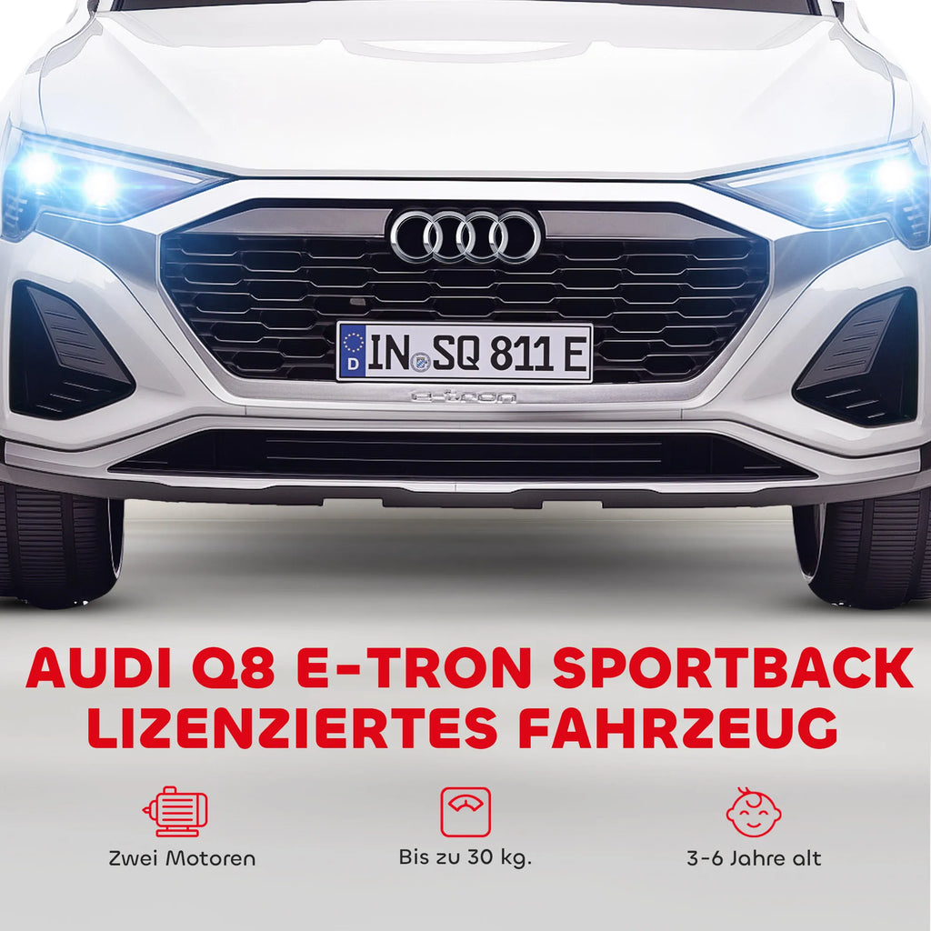 Elektrinis vaikų automobilis, 12 V „Audi Q8“, 3–5 km/h, nuotolinis valdymas, žibintai, muzika, baltas
