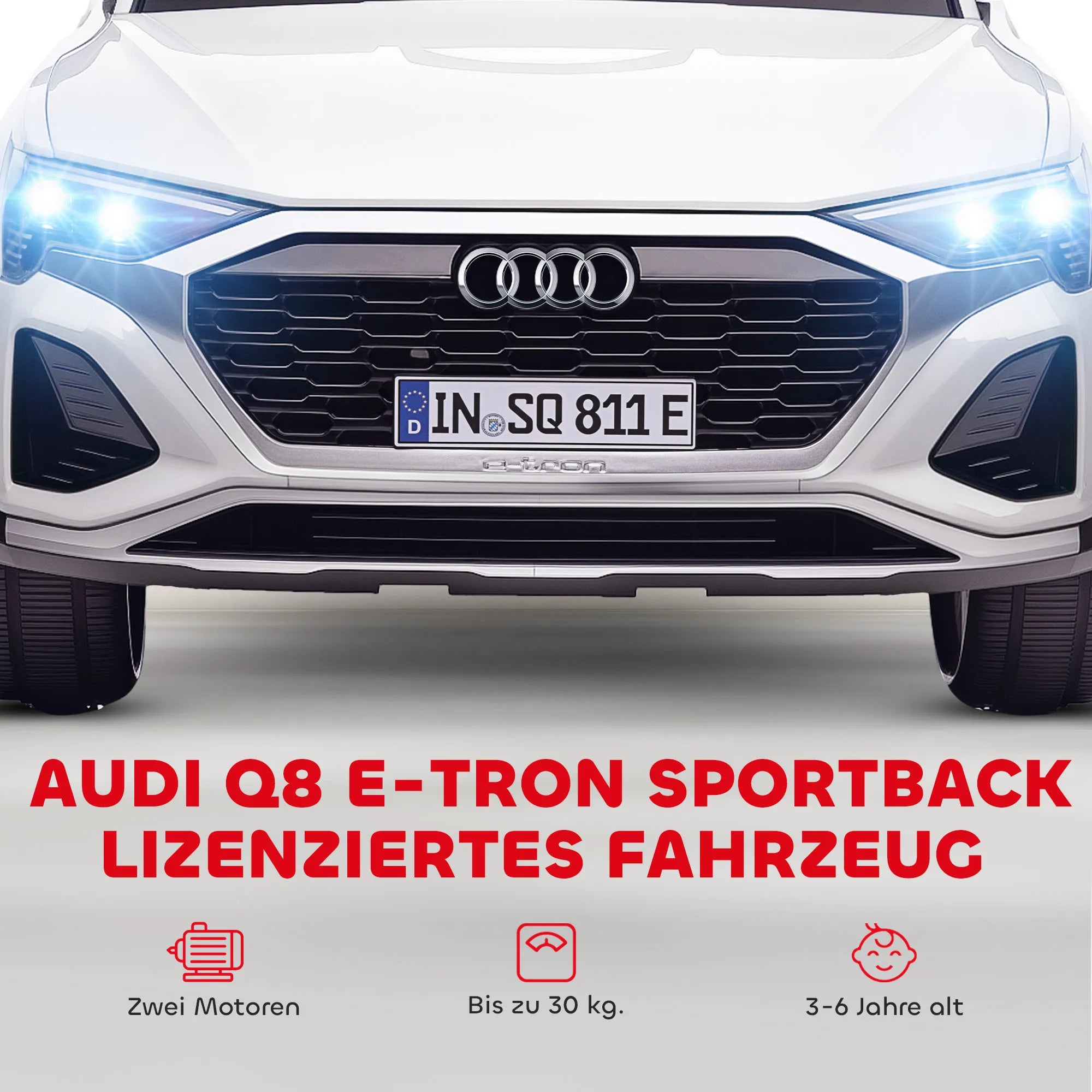 Elektrinis vaikų automobilis, 12 V „Audi Q8“, 3–5 km/h, nuotolinis valdymas, žibintai, muzika, baltas
