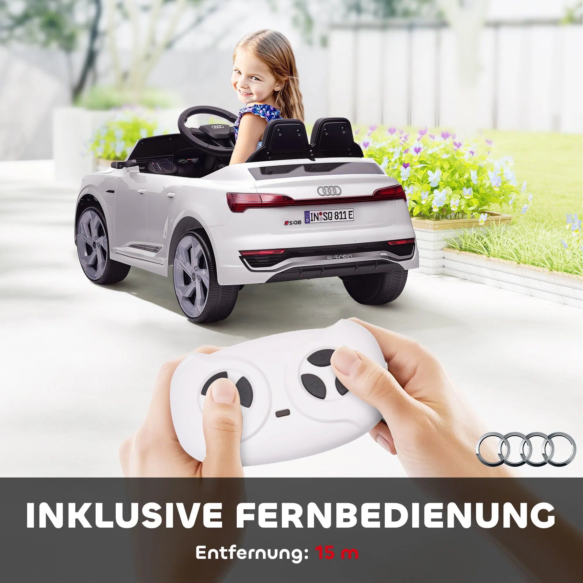 Elektrinis vaikų automobilis, 12 V „Audi Q8“, 3–5 km/h, nuotolinis valdymas, žibintai, muzika, baltas