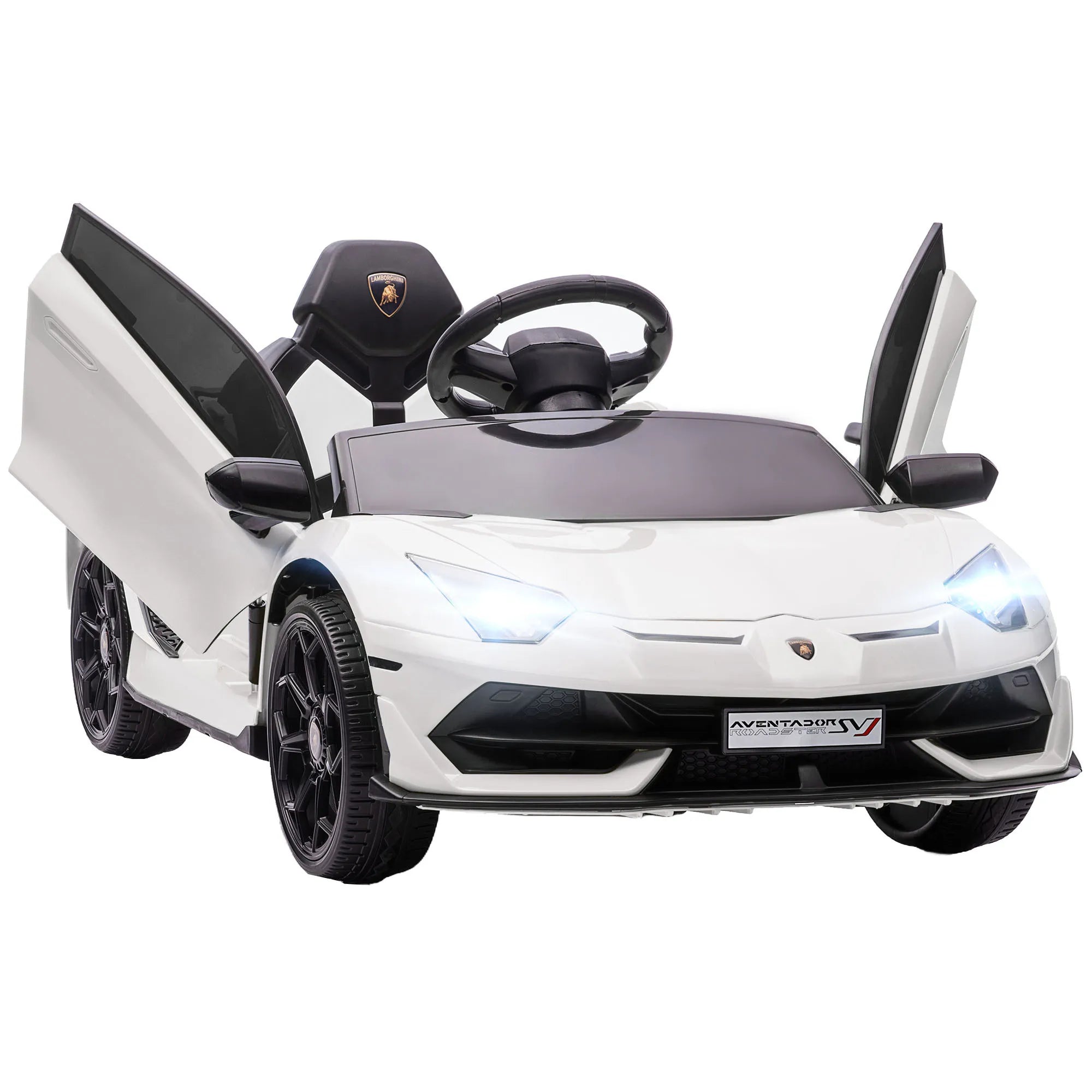 Elektrinis vaikų automobilis, licencijuotas „Lamborghini Aventador“, sparninės durys, muzika, signalas, skirtas 3–5 metų vaikams, baltas