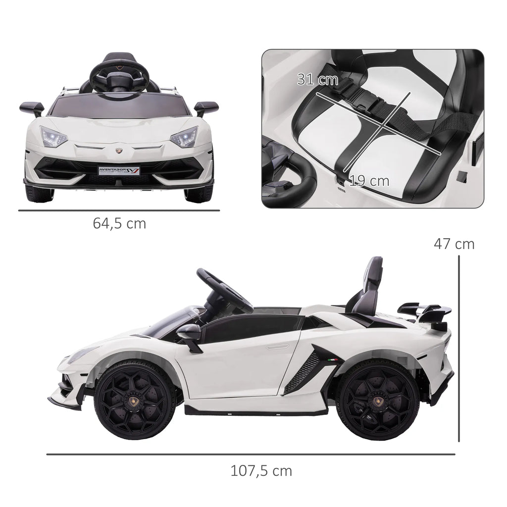 Elektrinis vaikų automobilis, licencijuotas „Lamborghini Aventador“, sparninės durys, muzika, signalas, skirtas 3–5 metų vaikams, baltas