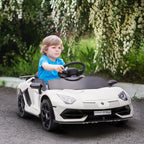 Elektrinis vaikų automobilis, licencijuotas „Lamborghini Aventador“, sparninės durys, muzika, signalas, skirtas 3–5 metų vaikams, baltas