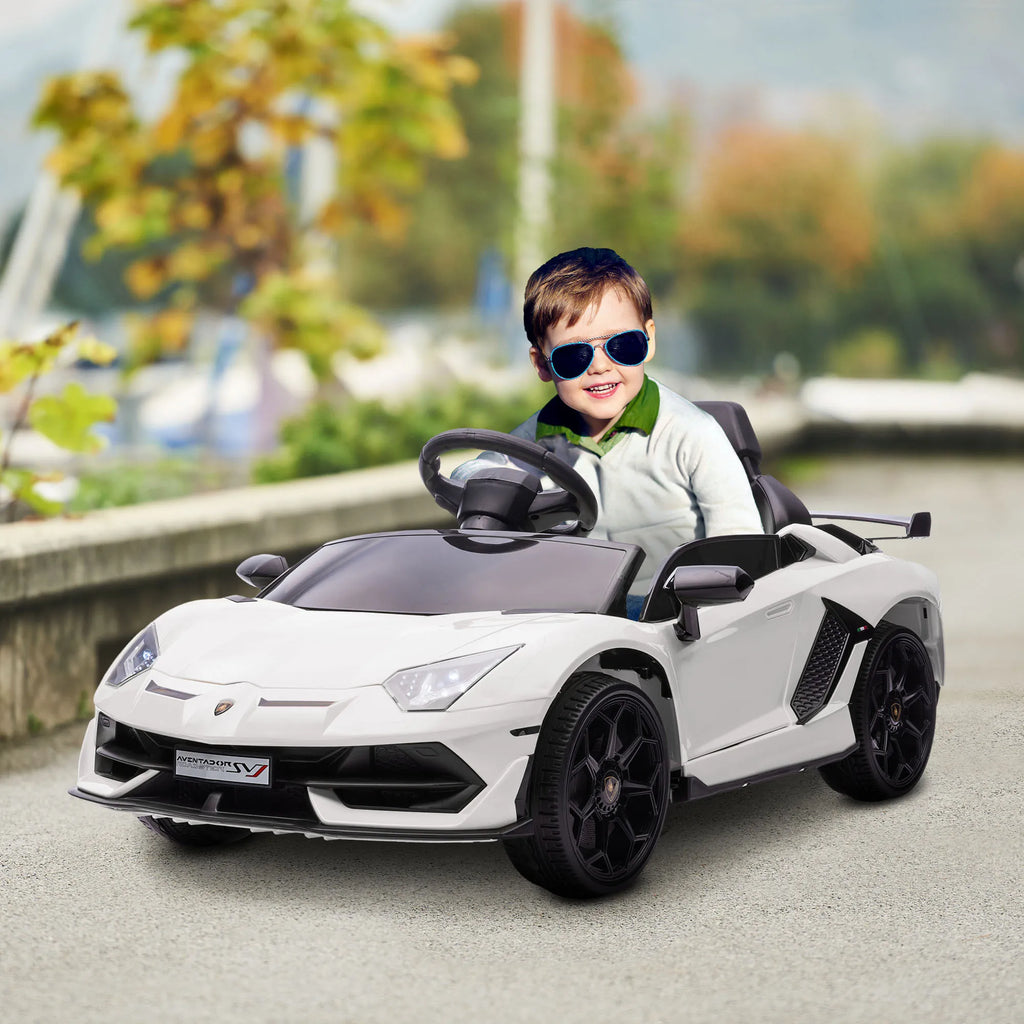 Elektrinis vaikų automobilis, licencijuotas „Lamborghini Aventador“, sparninės durys, muzika, signalas, skirtas 3–5 metų vaikams, baltas