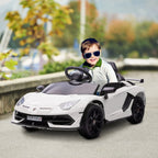 Elektrinis vaikų automobilis, licencijuotas „Lamborghini Aventador“, sparninės durys, muzika, signalas, skirtas 3–5 metų vaikams, baltas
