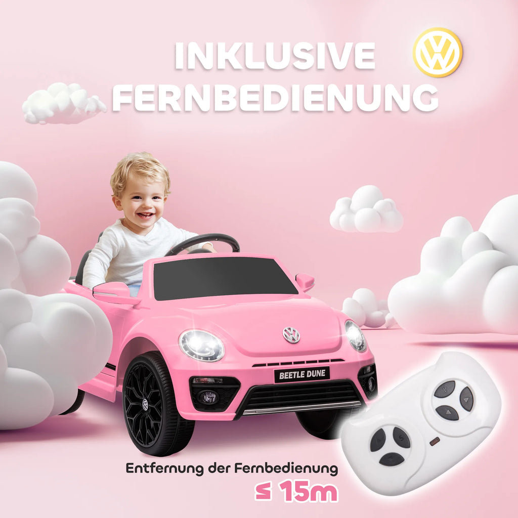 Elektrinis vaikų automobilis, VW „Beetle“, 3–5 km/h, su nuotolinio valdymo pultu ir muzika, rožinis
