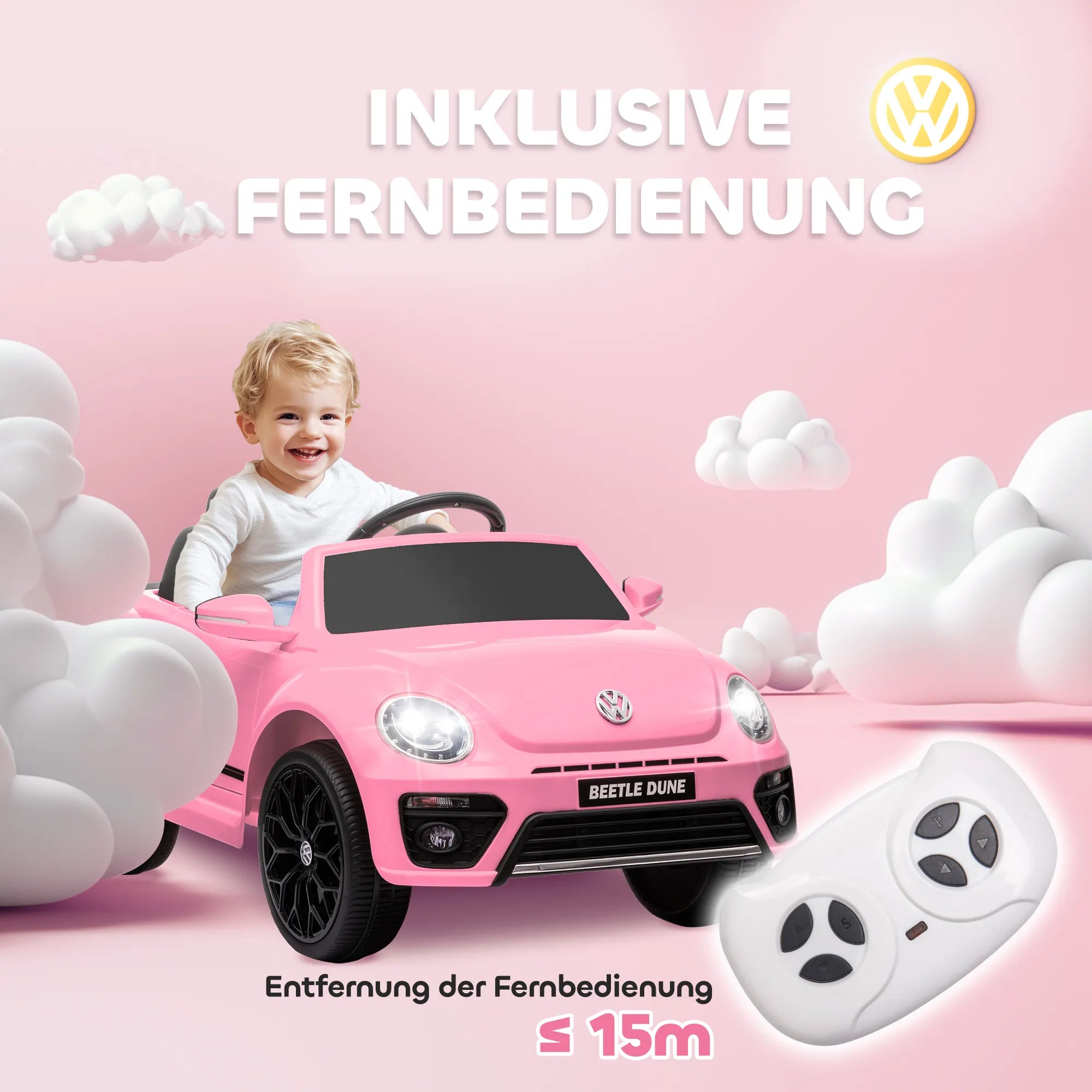 Elektrinis vaikų automobilis, VW „Beetle“, 3–5 km/h, su nuotolinio valdymo pultu ir muzika, rožinis