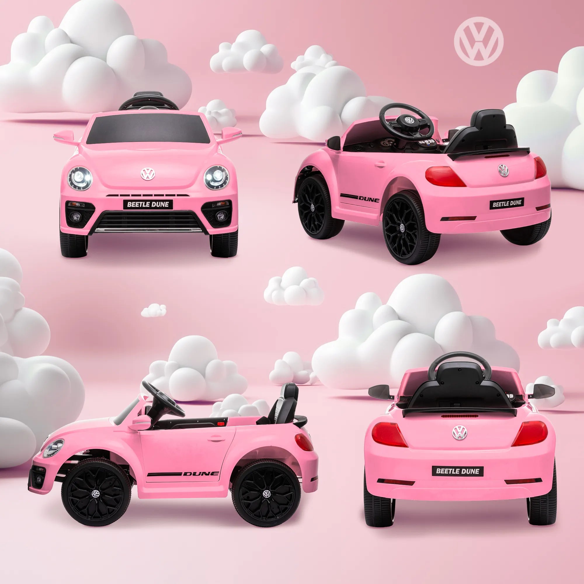 Elektrinis vaikų automobilis, VW „Beetle“, 3–5 km/h, su nuotolinio valdymo pultu ir muzika, rožinis