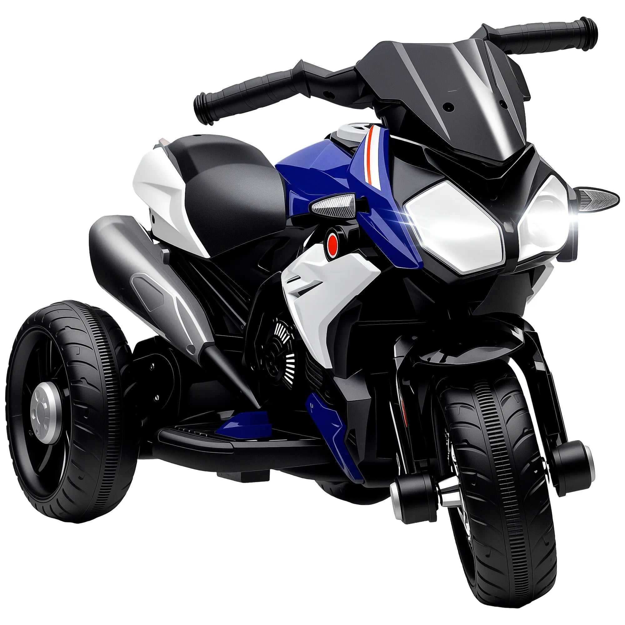 Elektrinis vaikų motociklas, šviesos ir garsai, 3 km/h, įkraunamas, plastikas ir metalas, mėlynas/baltas