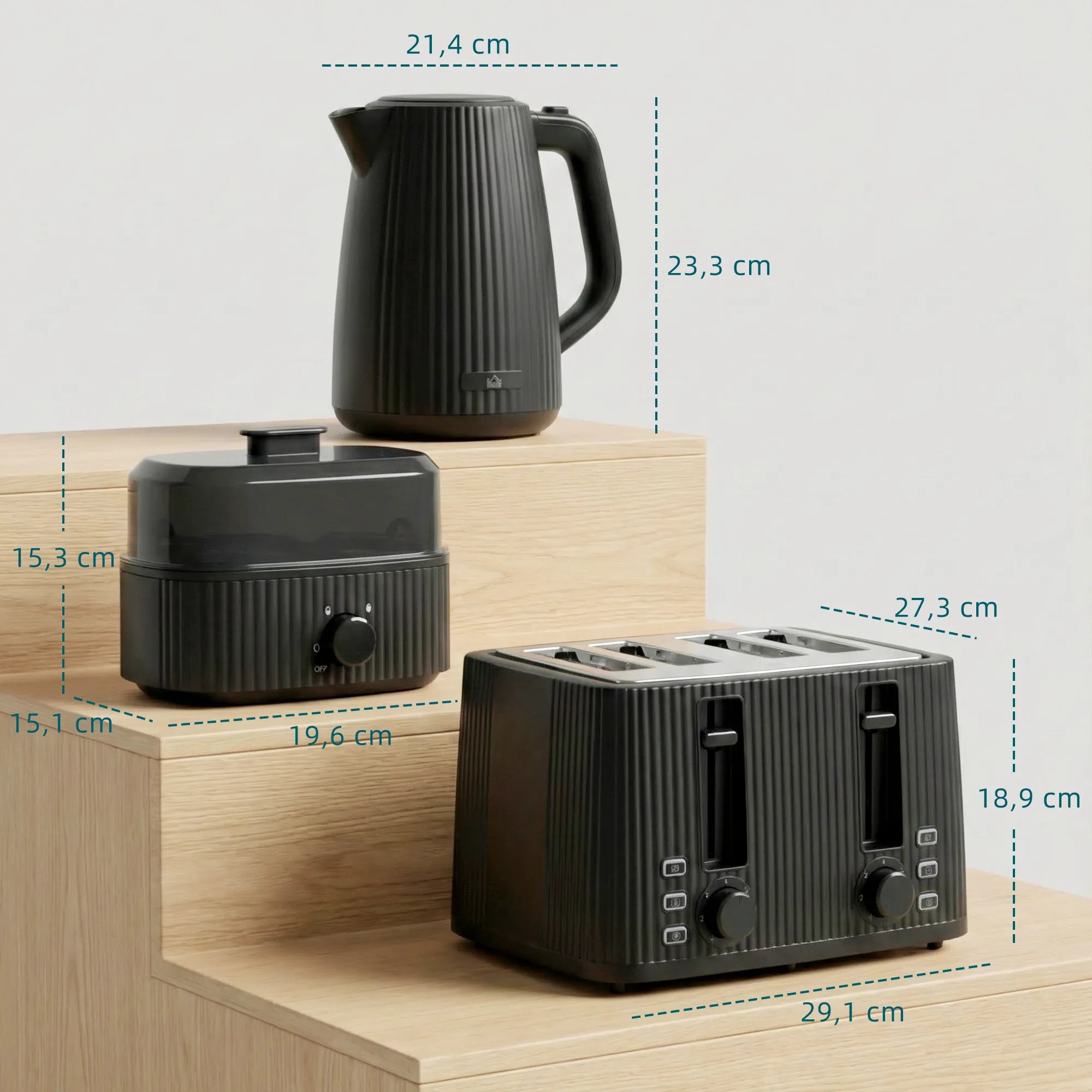 Elektrinis virdulys ir tosteris bei kiaušinių viryklė, 1,7 l virdulio 4 riekelių skrudintuvo ir 6 kiaušinių virimo aparato rinkinys, plastikas ir metalas, juoda