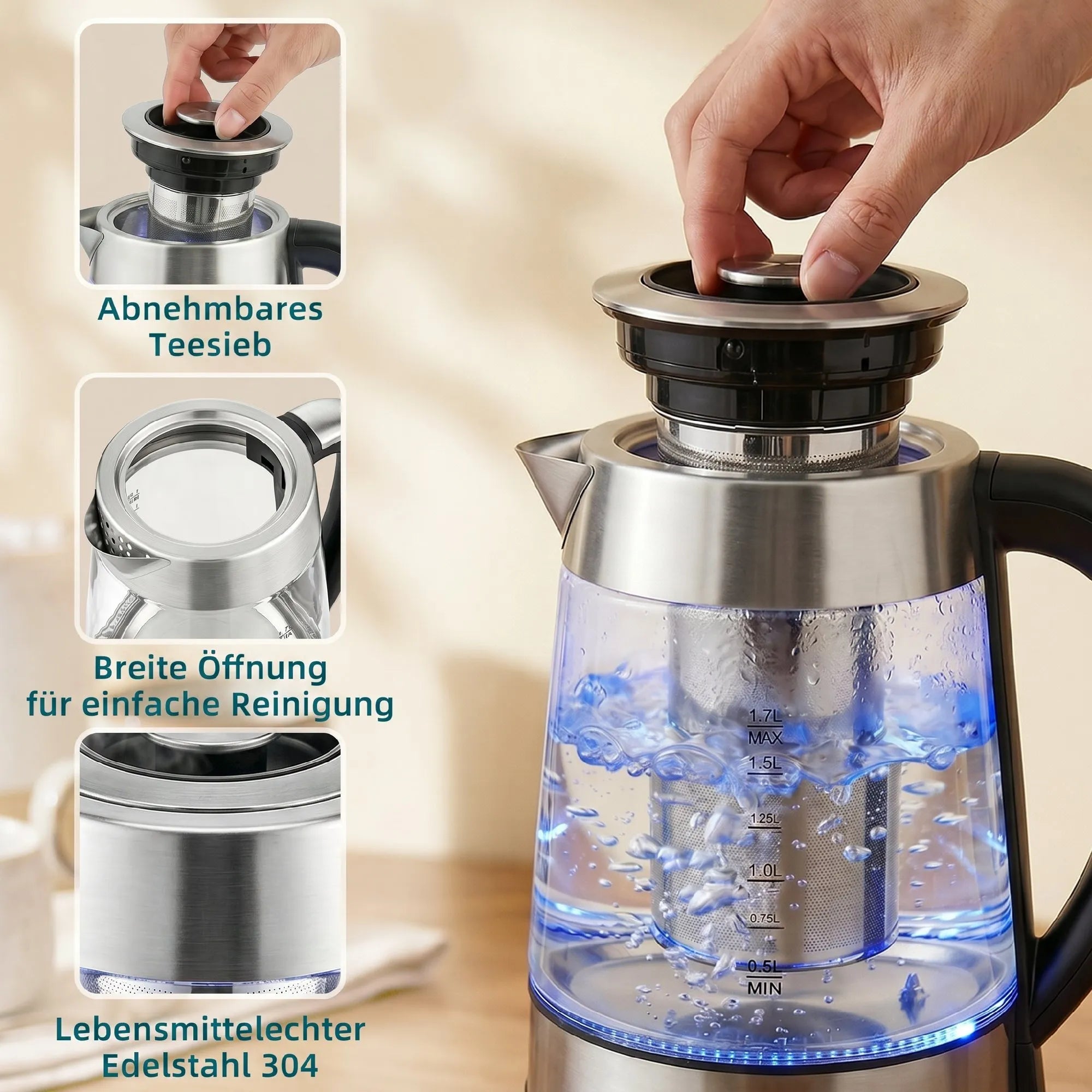 Elektrinis virdulys su temperatūros reguliavimu, 1,7 l, sidabrinis