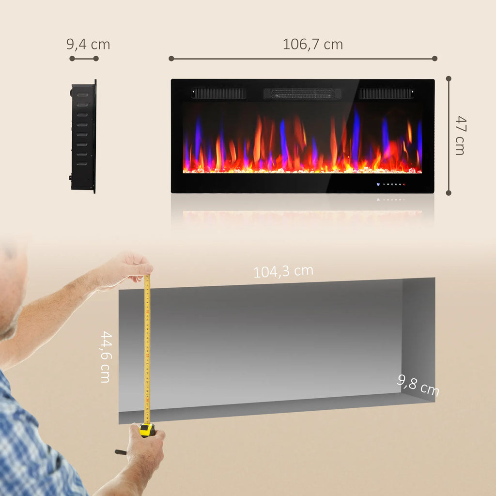 Elektrinis židinys, montuojamas prie sienos, su termostatu ir laikmačiu, juodas