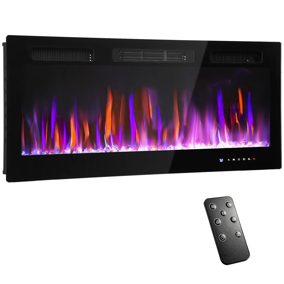 Elektrinis židinys, montuojamas prie sienos, su termostatu ir laikmačiu, juodas