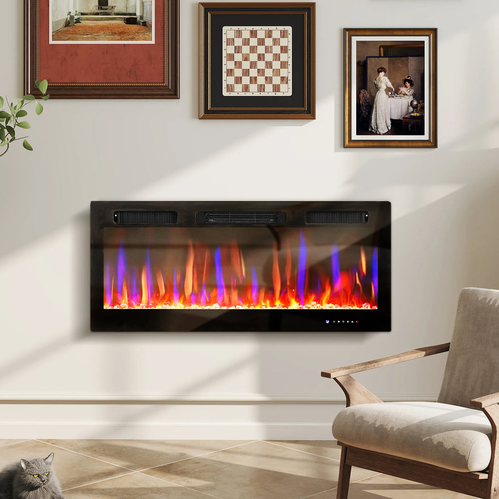Elektrinis židinys, montuojamas prie sienos, su termostatu ir laikmačiu, juodas