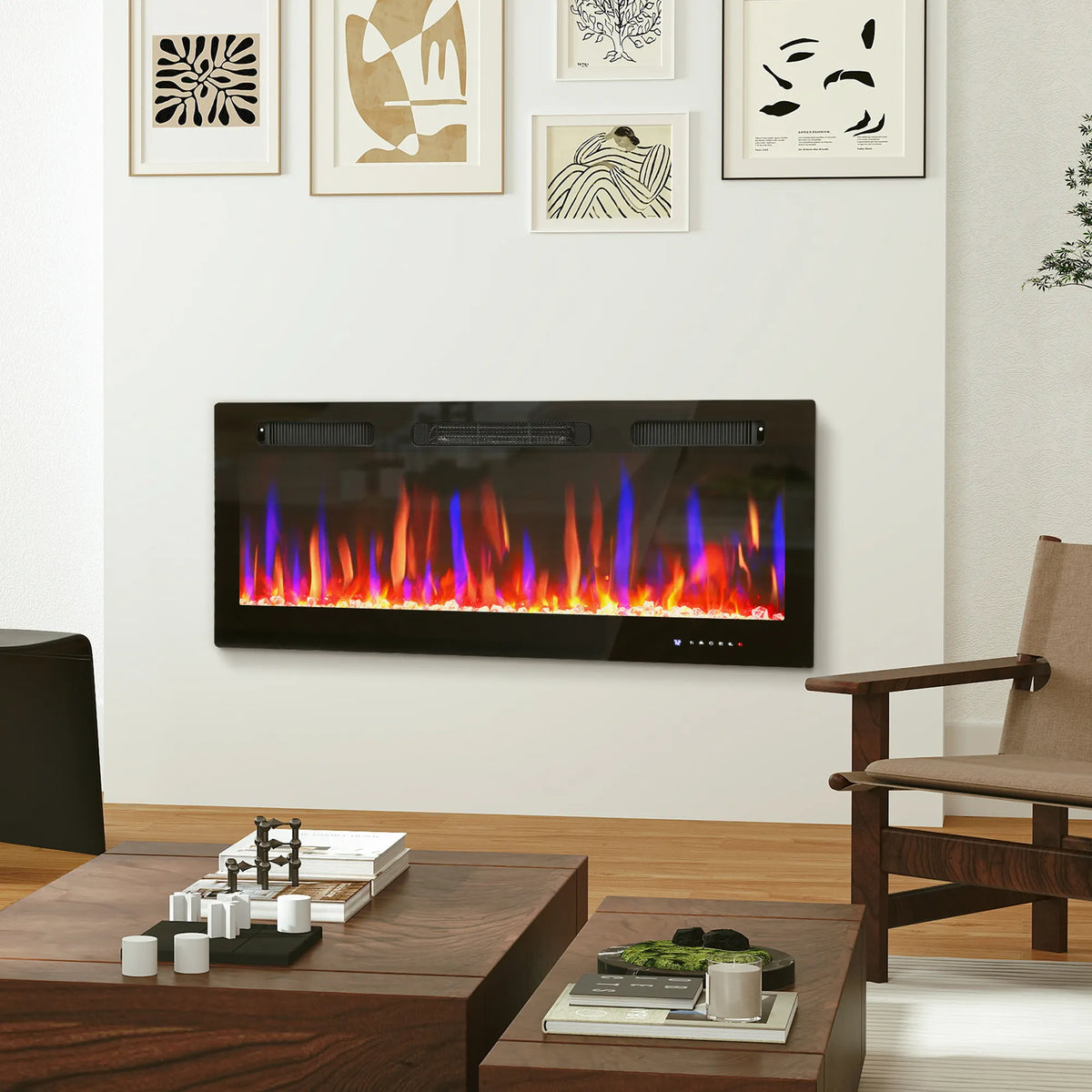Elektrinis židinys, montuojamas prie sienos, su termostatu ir laikmačiu, juodas