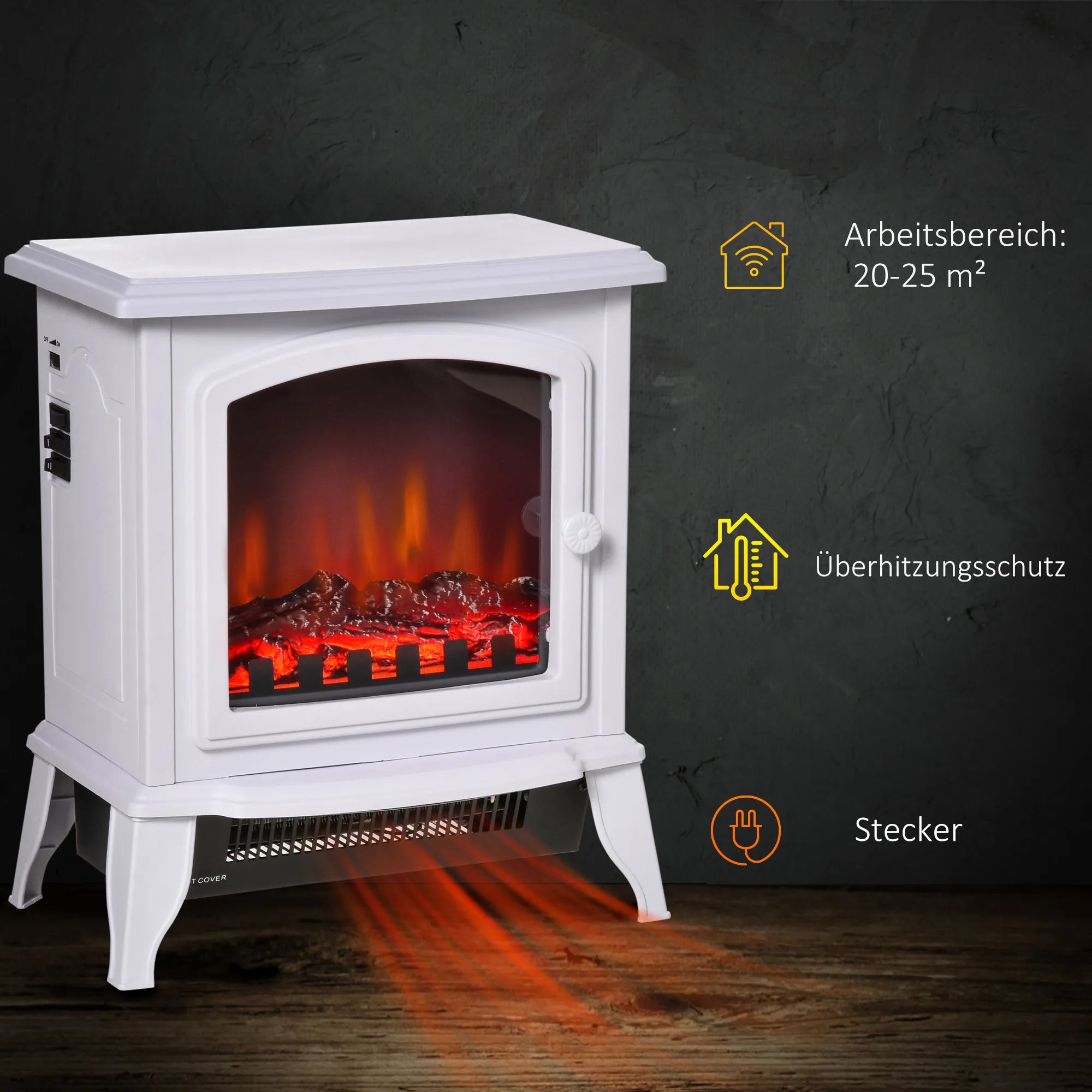 Elektrinis židinys pastatomas, 2 šildymo režimai 1000W/2000W, baltas, 36,5x24x45,5 cm