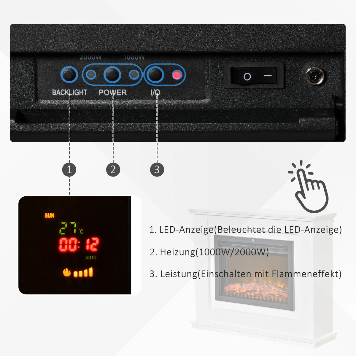 Elektrinis židinys su 3D LED liepsnos efektu, 2000 W, nuotolinio valdymo pulteliu ir laikmačiu, baltas