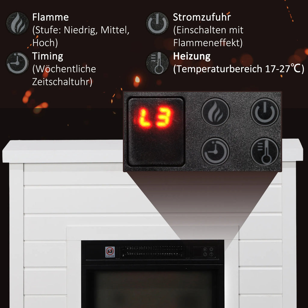 Elektrinis židinys su 3D liepsnos efektu, 1800 W, laikmačiu ir nuotolinio valdymo pulteliu, baltas