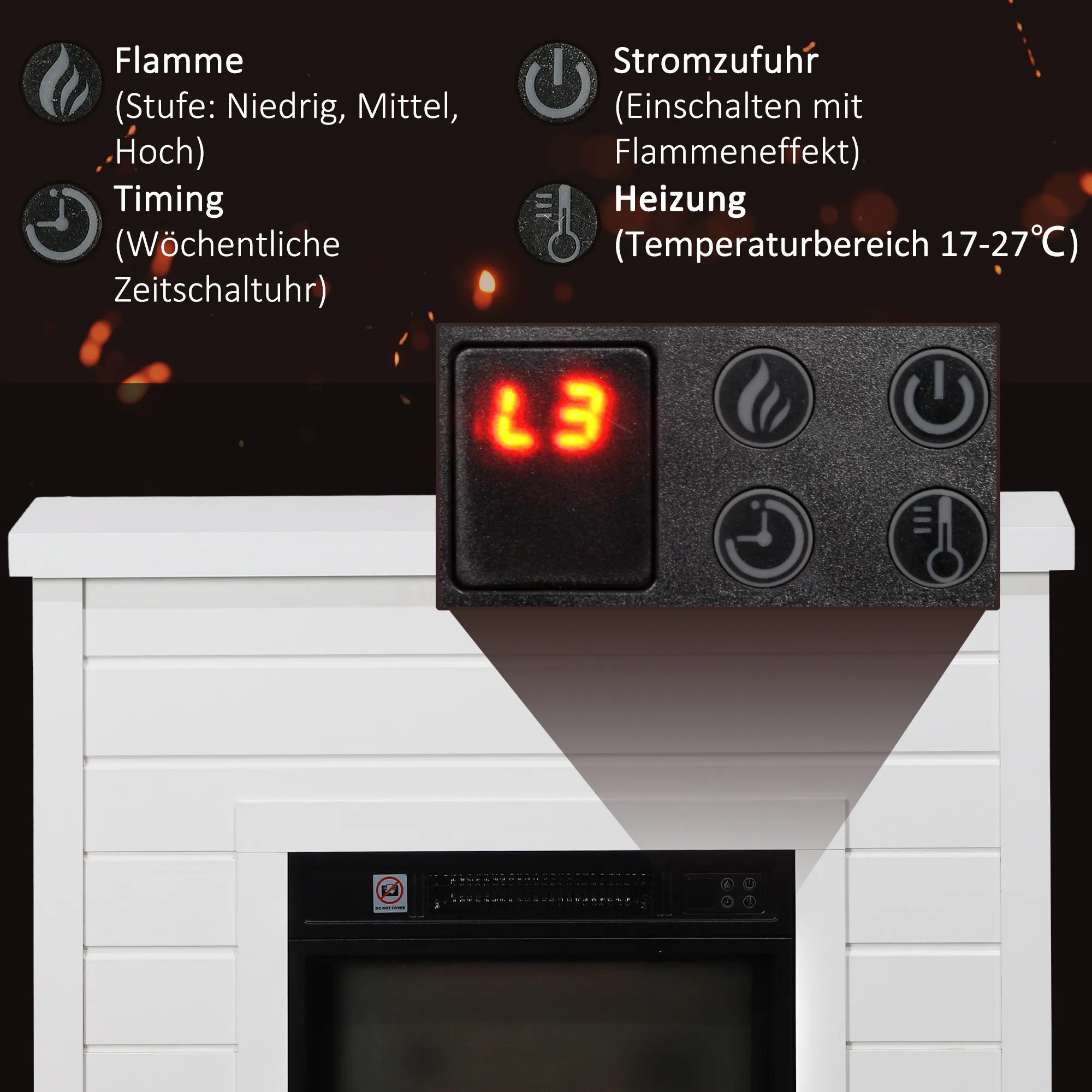 Elektrinis židinys su 3D liepsnos efektu, 1800 W, laikmačiu ir nuotolinio valdymo pulteliu, baltas