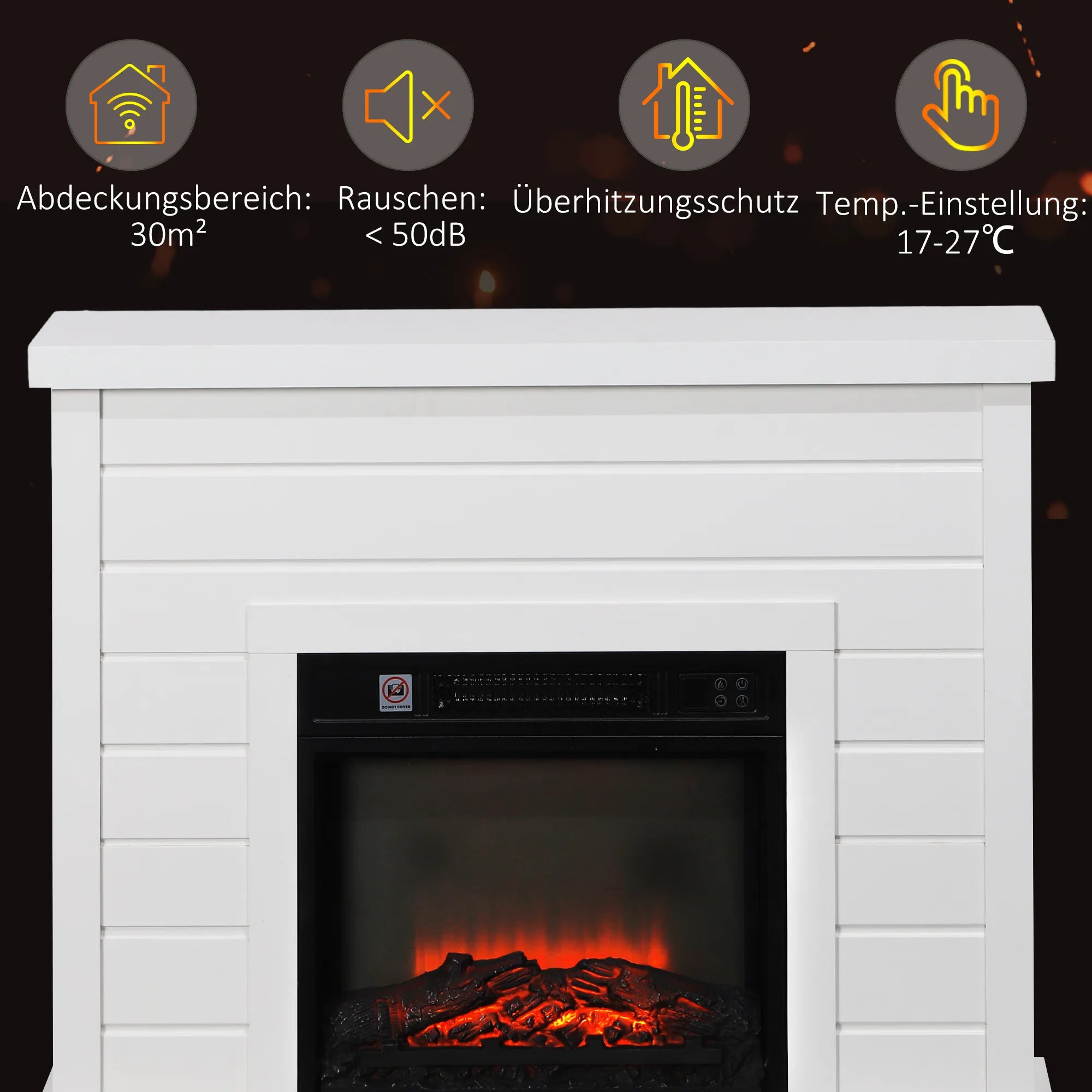 Elektrinis židinys su 3D liepsnos efektu, 1800 W, laikmačiu ir nuotolinio valdymo pulteliu, baltas