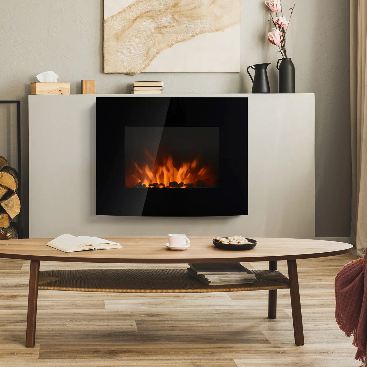 Elektrinis židinys su šildymu, 3D liepsnos efektu, 900/1800 W, juodas