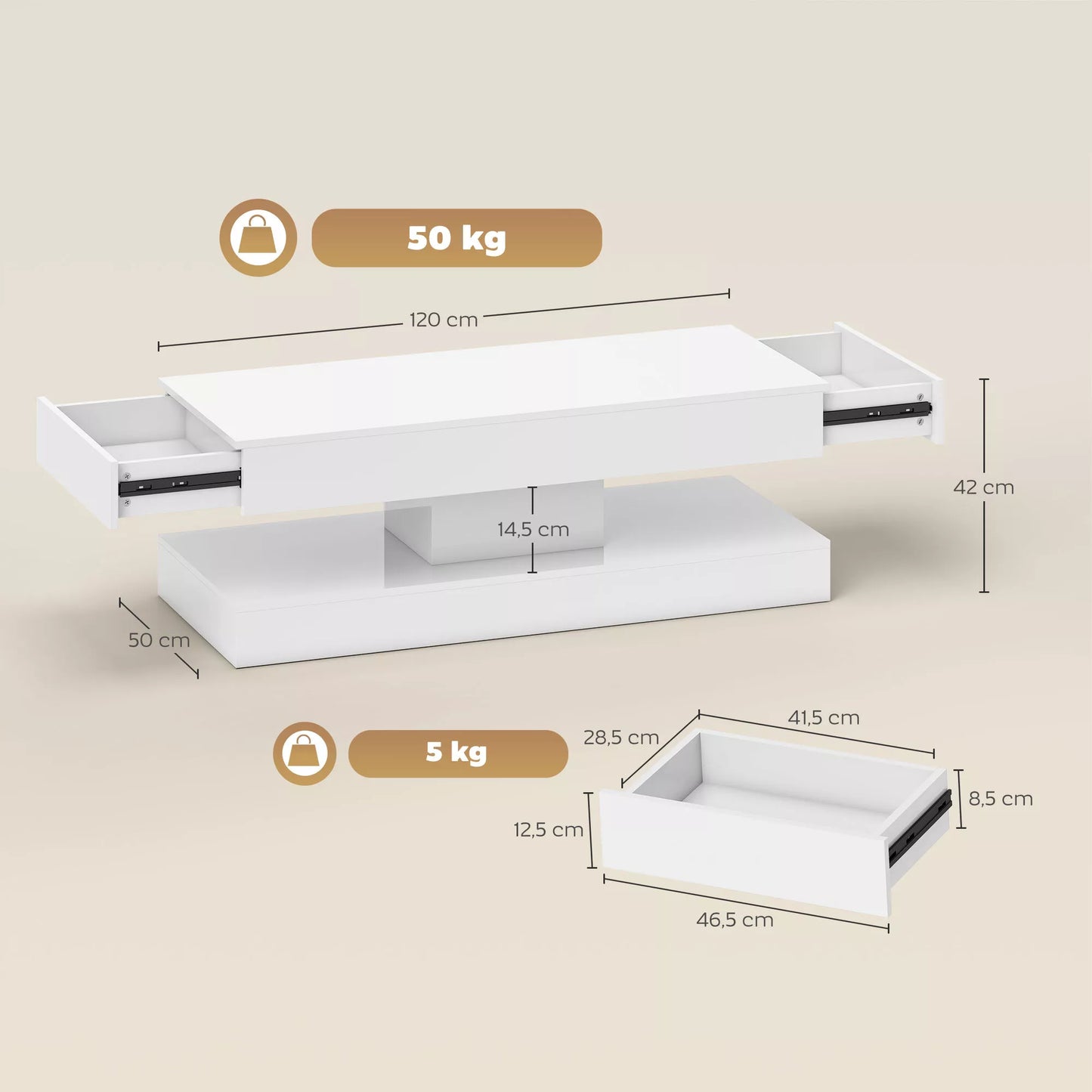 Svetainės stalas su stalčiais ir LED apšvietimu, modernus sofos stalas su atvira lentynėle, kavos stalas, medžio drožlių plokštė, baltas