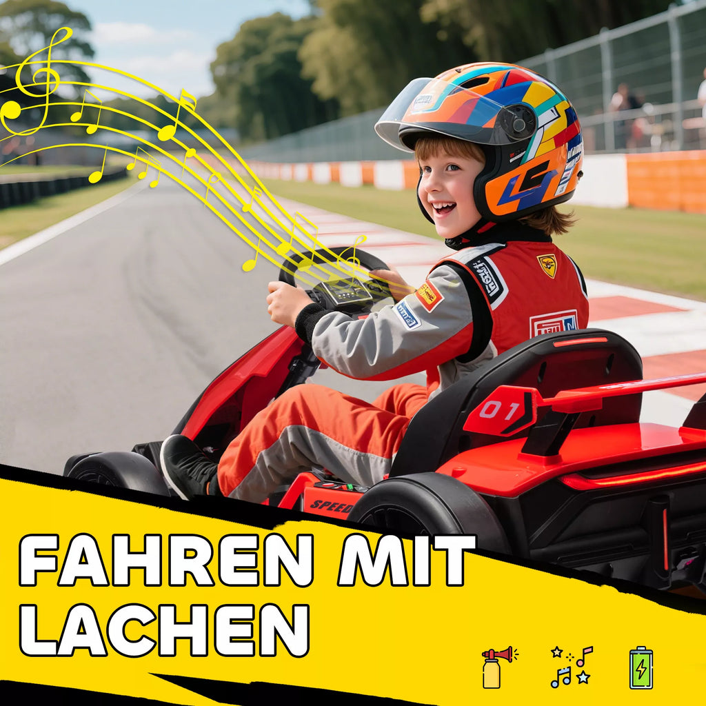 Go-Kart vaikams, elektrinis kartas su signaline ir muzikos funkcija, reguliuojama sėdynė, greitis iki 12 km/h, plastikas, metalas, raudonas