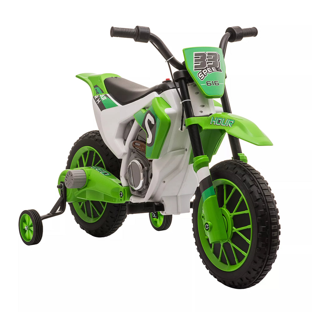 Vaikų motociklas, elektrinis motociklas, 45 min. važiavimo laikas, su pagalbiniais ratais, nuo 3 metų, žalias + baltas, 106,5 x 51,5 x 68 cm