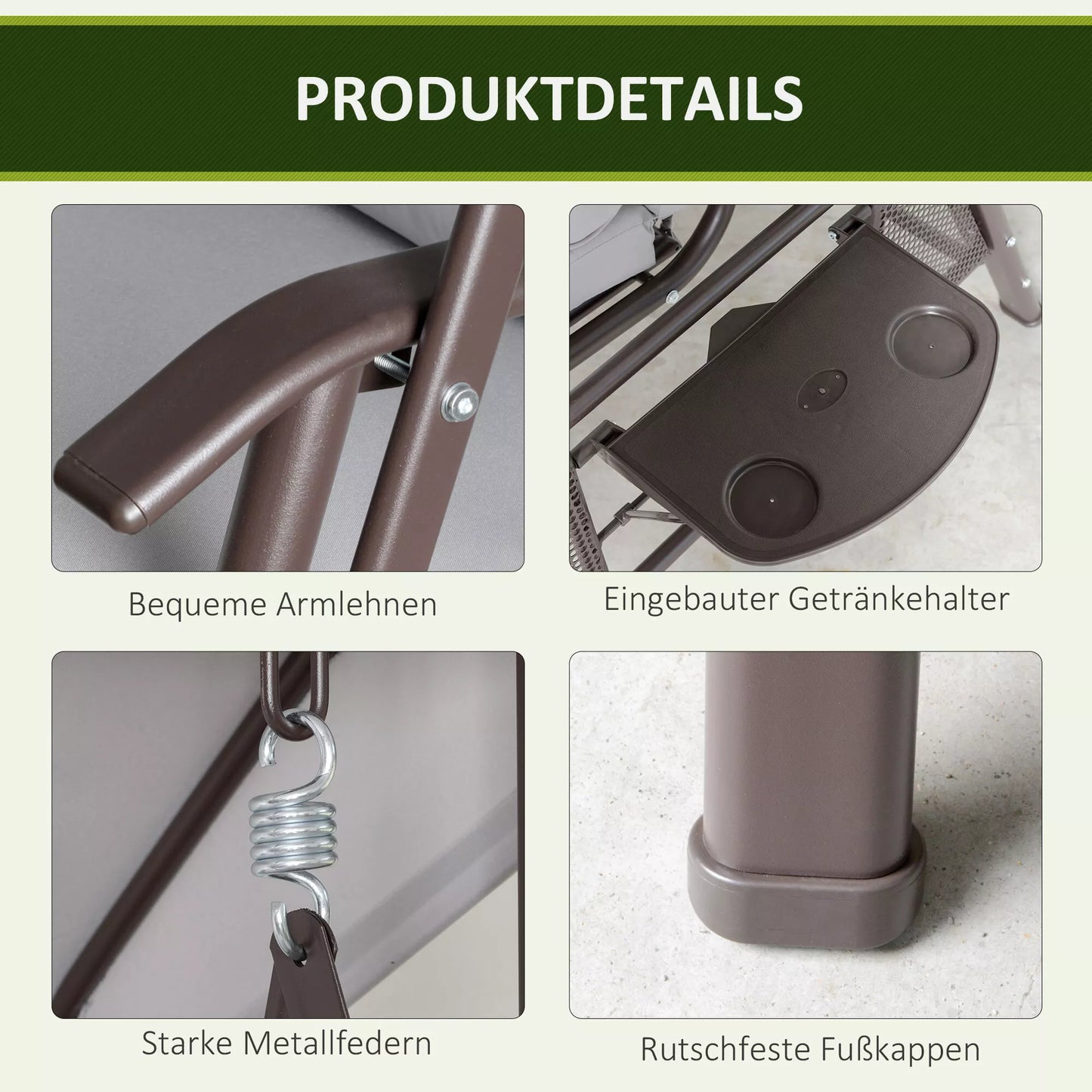 2 vietų Hollywood šūklas Sodo šūklas su saulės stogu Pagalvės Padėklas Metalas Poliesteris Pilka 162 x 118 x 173 cm