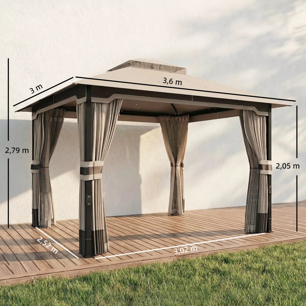 3,6 x 3 m paviljonas. Vandeniui atsparus, tvirtas, atsparus žiemai sodo paviljonas su dvigubu stogu, moskitine tinklele, šoninėmis sienelėmis ir vandens nutekėjimo angomis
