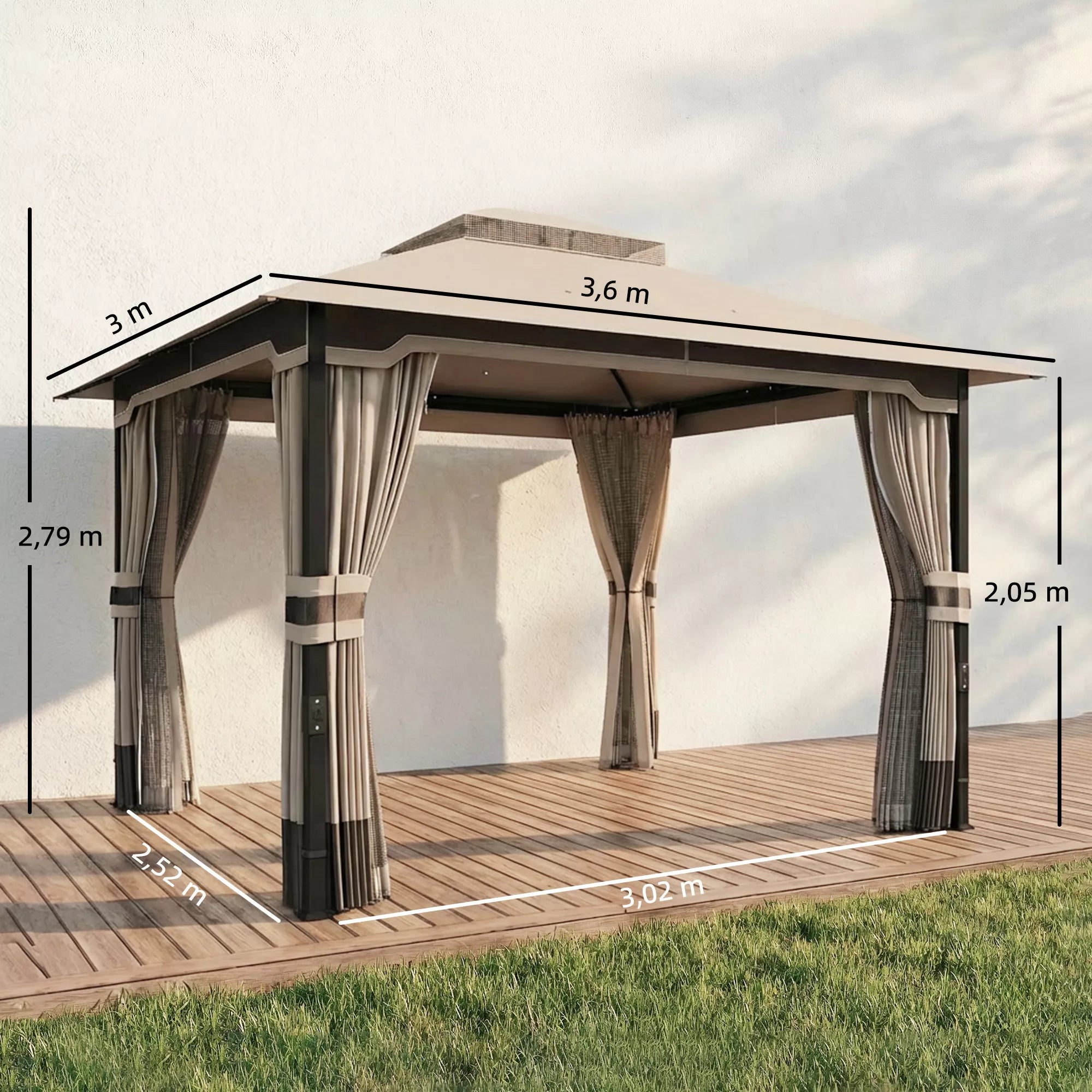 3,6 x 3 m paviljonas. Vandeniui atsparus, tvirtas, atsparus žiemai sodo paviljonas su dvigubu stogu, moskitine tinklele, šoninėmis sienelėmis ir vandens nutekėjimo angomis