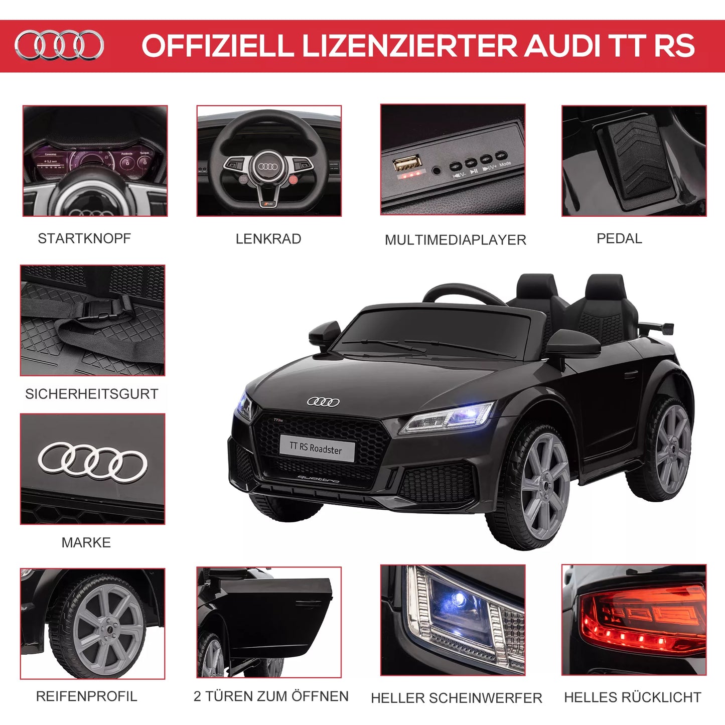Vaikiškas elektrinis automobilis Audi, su 2.4G nuotolinio valdymo pulteliu, muzika, garsiniu signalu, LED, USB, vaikams nuo 3-5 metų, Juodas