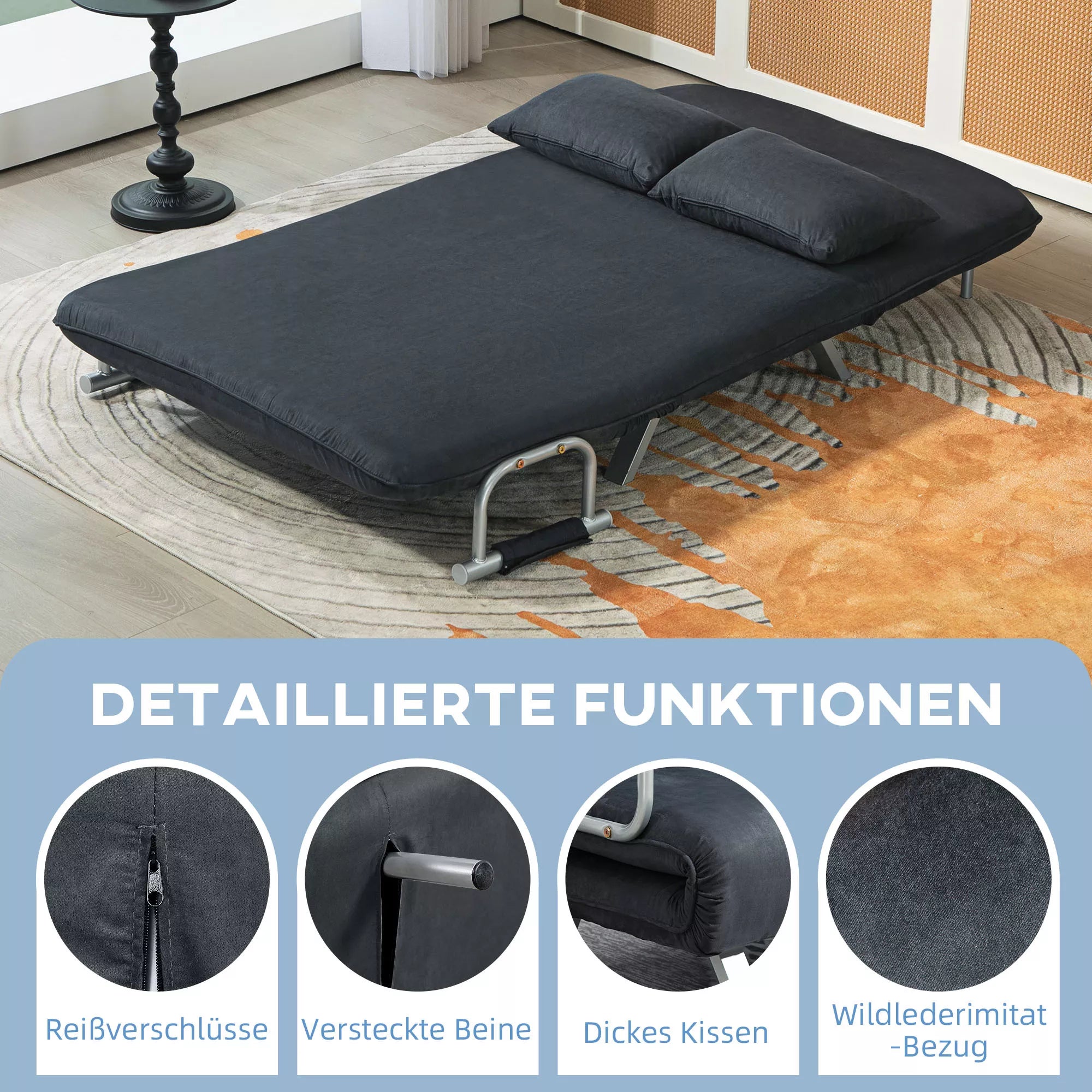 Miegamoji sofa, 5 padėčių reguliuojama, dirbtinio zomšo, plieninis rėmas, su pagalvėlėmis, juodos spalvos