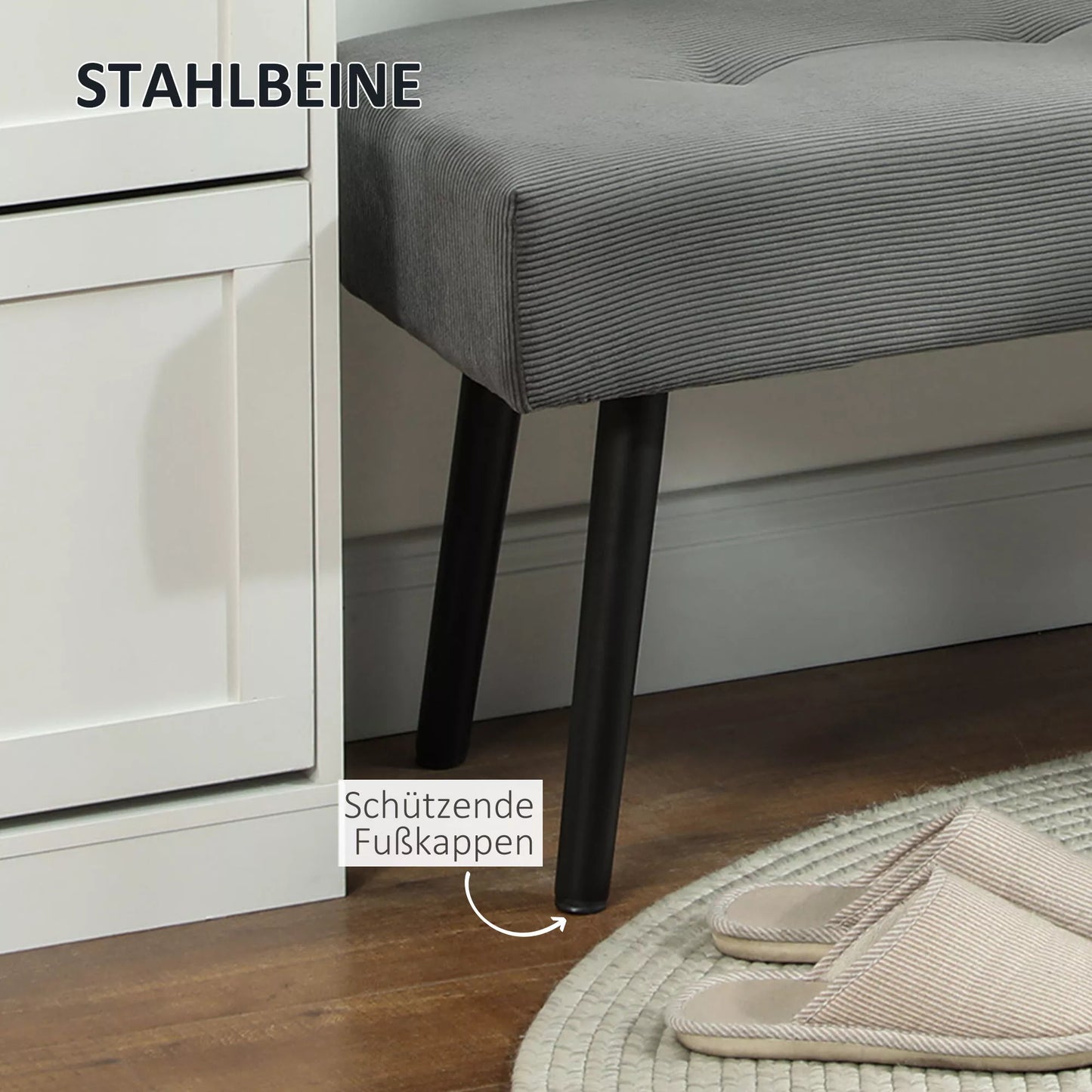 Minkštas suolas su kordiniu apmušalu, suolas prie lovos su metalinėmis kojelėmis, suolas batams 100 x 36 x 45 cm Pilkas