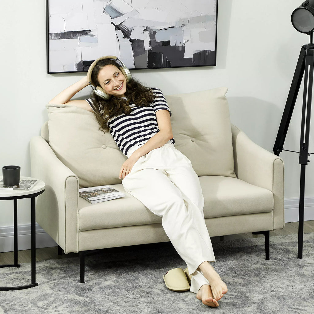 Dvivietė sofa su metalinėmis kojelėmis, kreminė balta