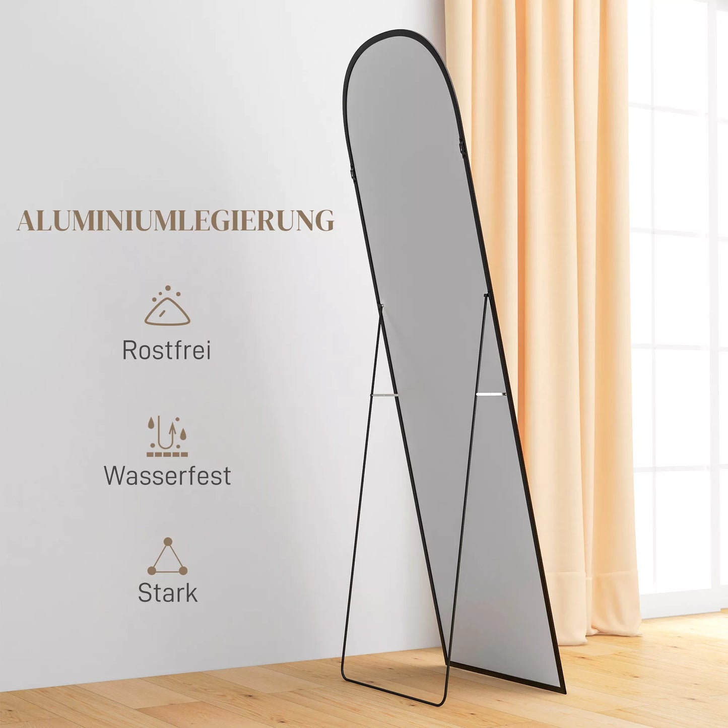 Pastatomas veidrodis, pilno ūgio, didelis, modernaus dizaino, 50 cm x 1,5 cm x 161,5 cm, juodas