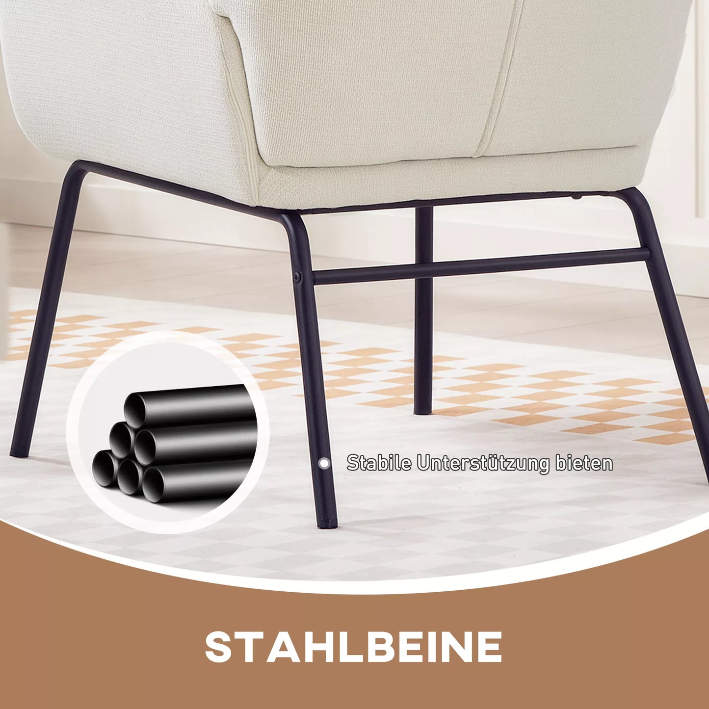 Modernus minkštas krėslas su ausytėmis, aukšta atlošo atrama, storas paminkštinimas, plieninės kojos, kreminės baltos spalvos