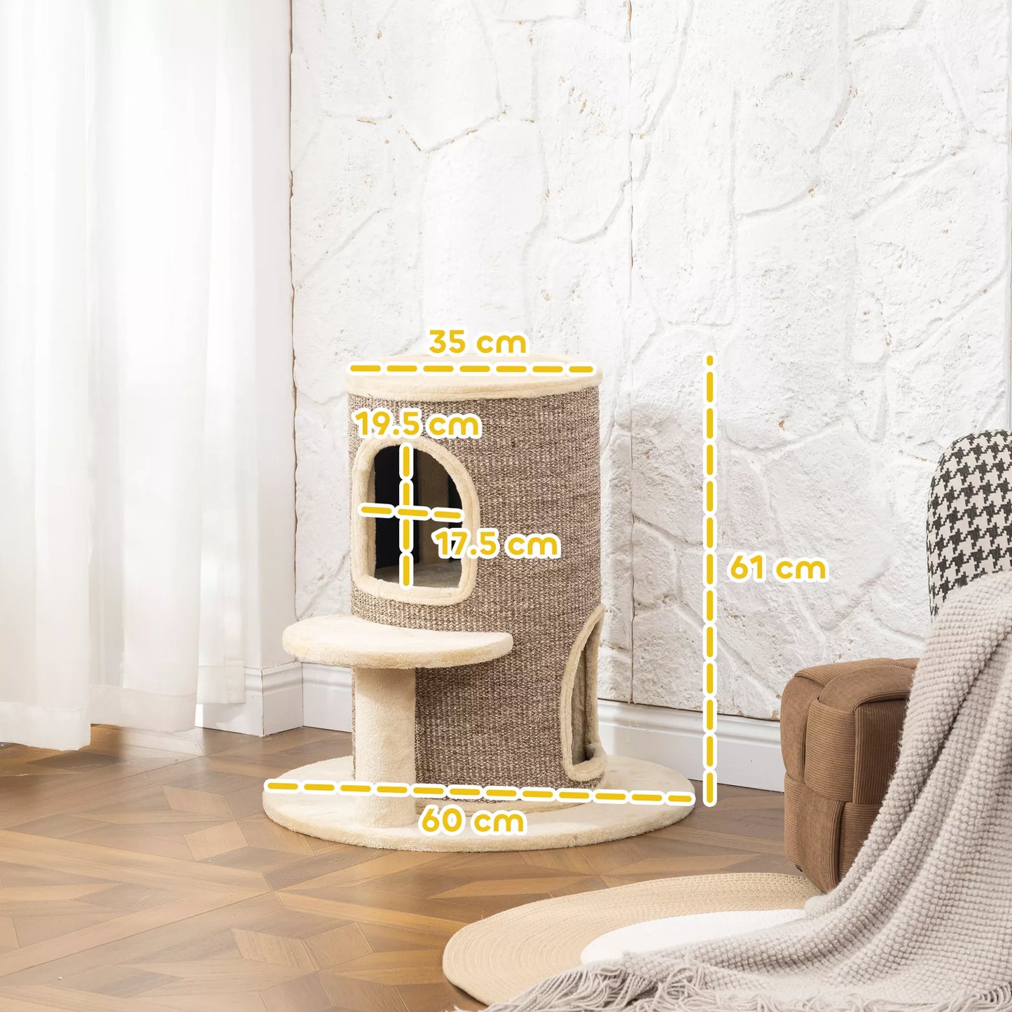 Kačių statinaitė, draskyklė su 2 lygiais, šokinėjimo platforma, apžvalgos aikštelė, draskymo kilimėlis, poilsiui ir žaidimams, smėlio spalvos