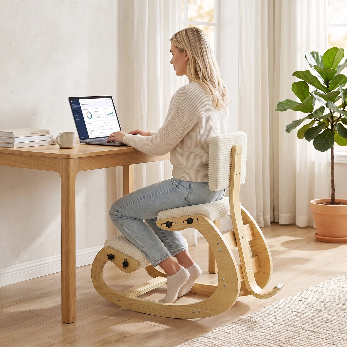 Ergonominė kėdė keliams su atlošu, iki 120 kg, kreminės spalvos