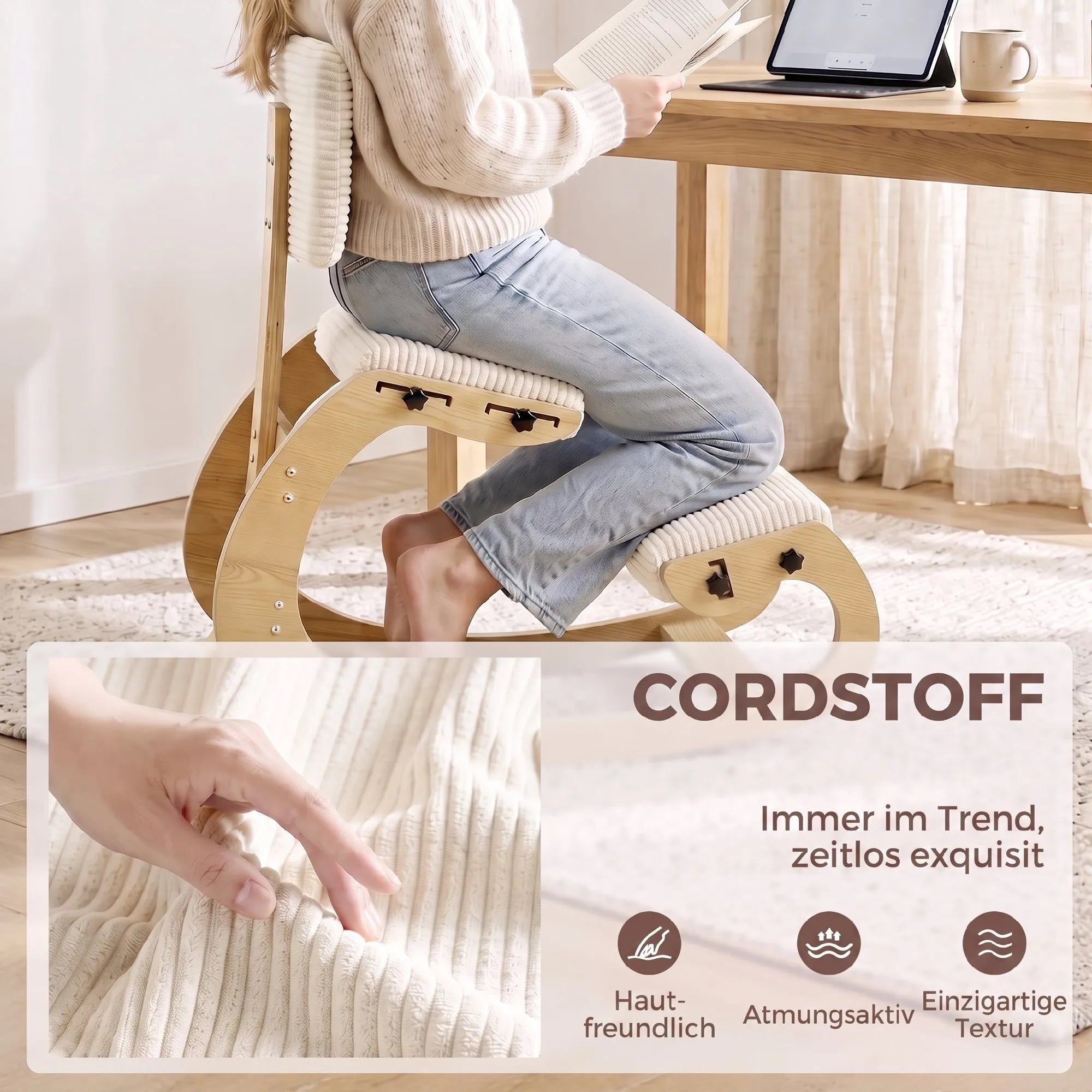 Ergonominė kėdė keliams su atlošu, iki 120 kg, kreminės spalvos