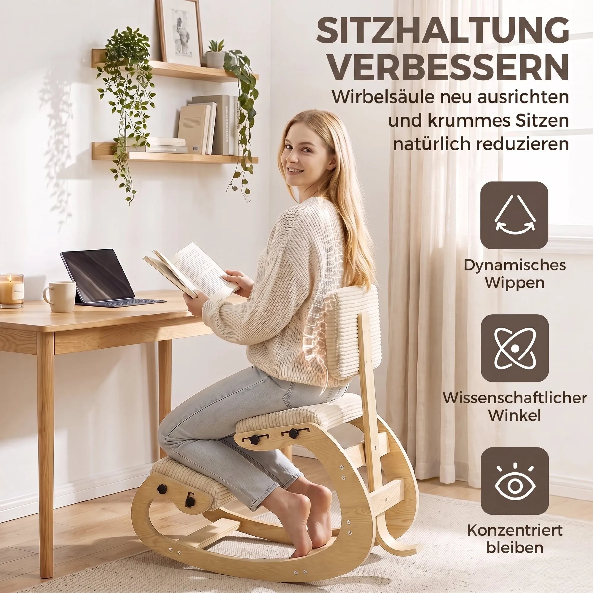 Ergonominė kėdė keliams su atlošu, iki 120 kg, kreminės spalvos