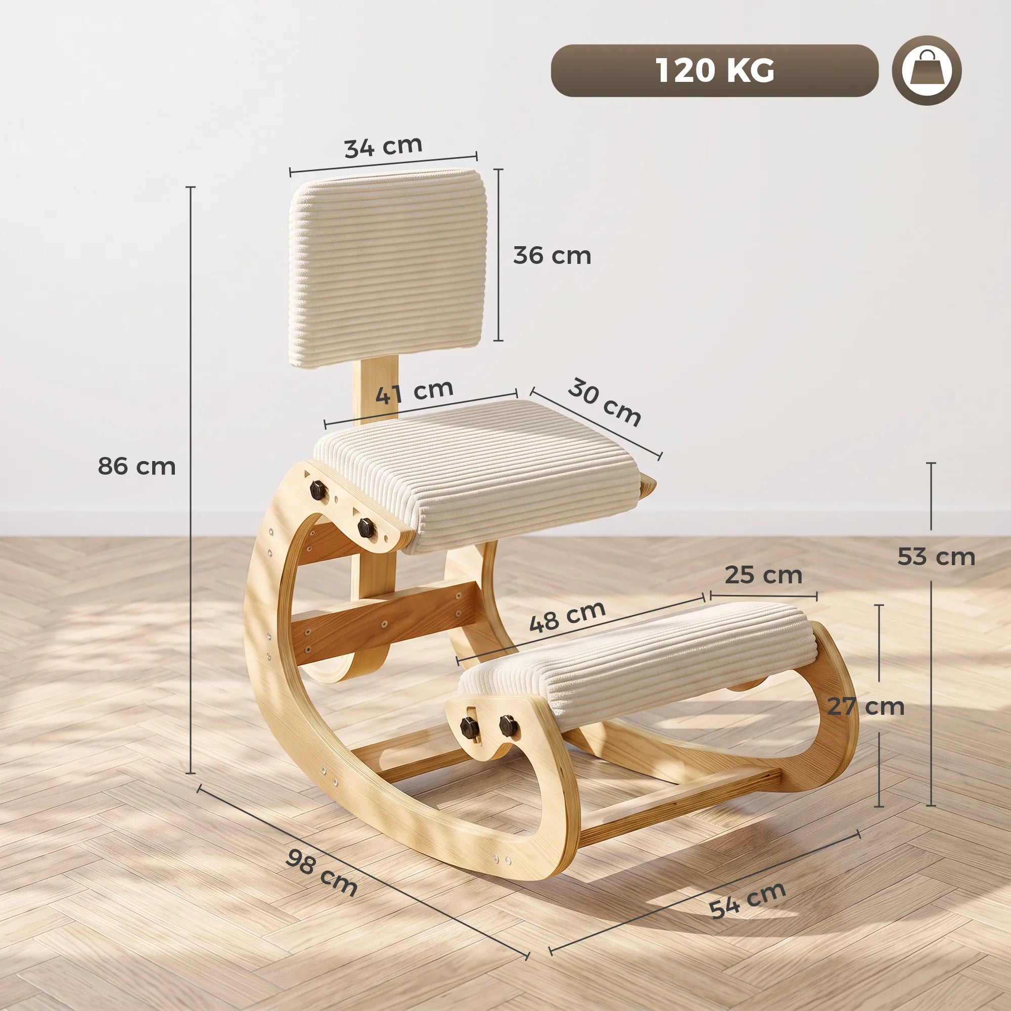 Ergonominė kėdė keliams su atlošu, iki 120 kg, kreminės spalvos