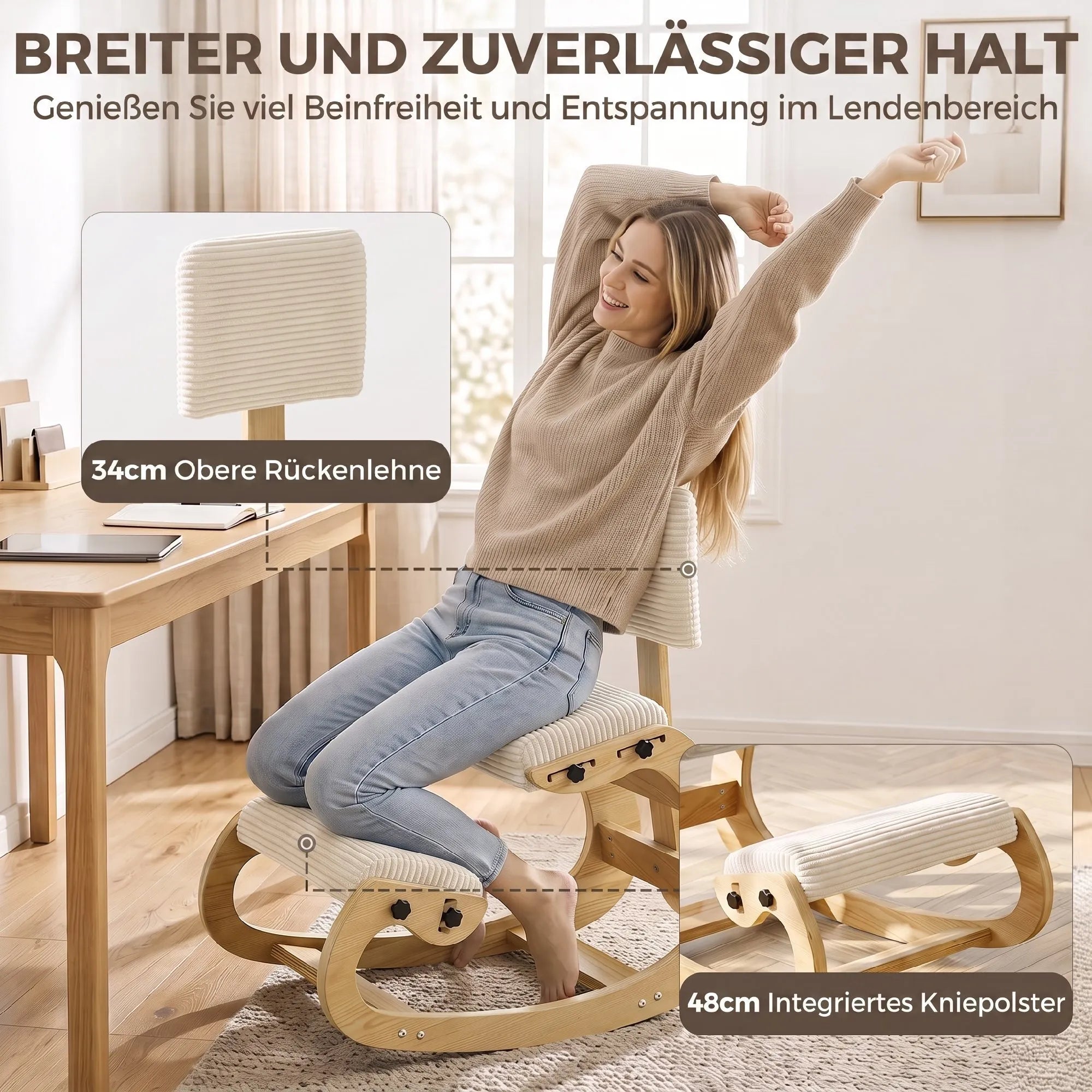Ergonominė kėdė keliams su atlošu, iki 120 kg, kreminės spalvos