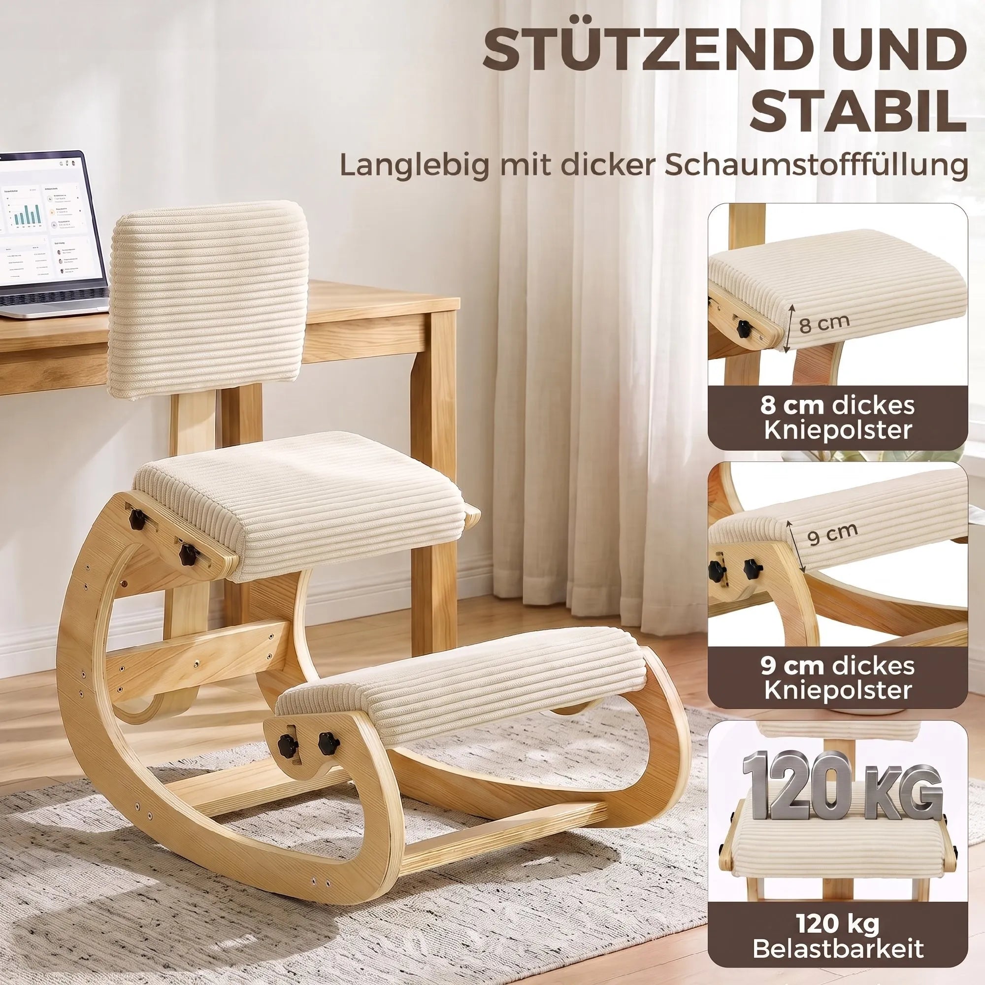 Ergonominė kėdė keliams su atlošu, iki 120 kg, kreminės spalvos
