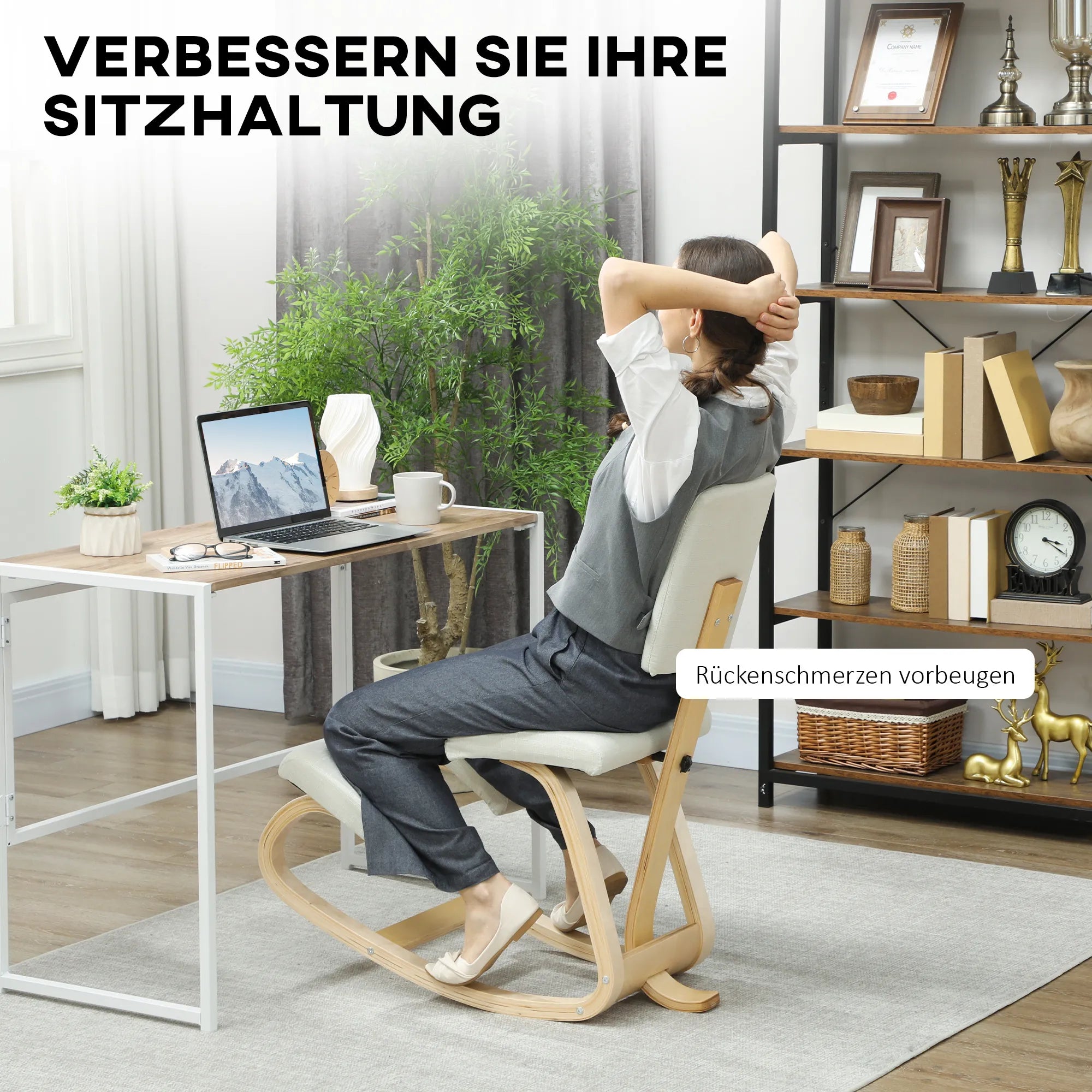 Ergonominė kėdė klūpėjimui su atrama nugarai, iki 120 kg, kreminė