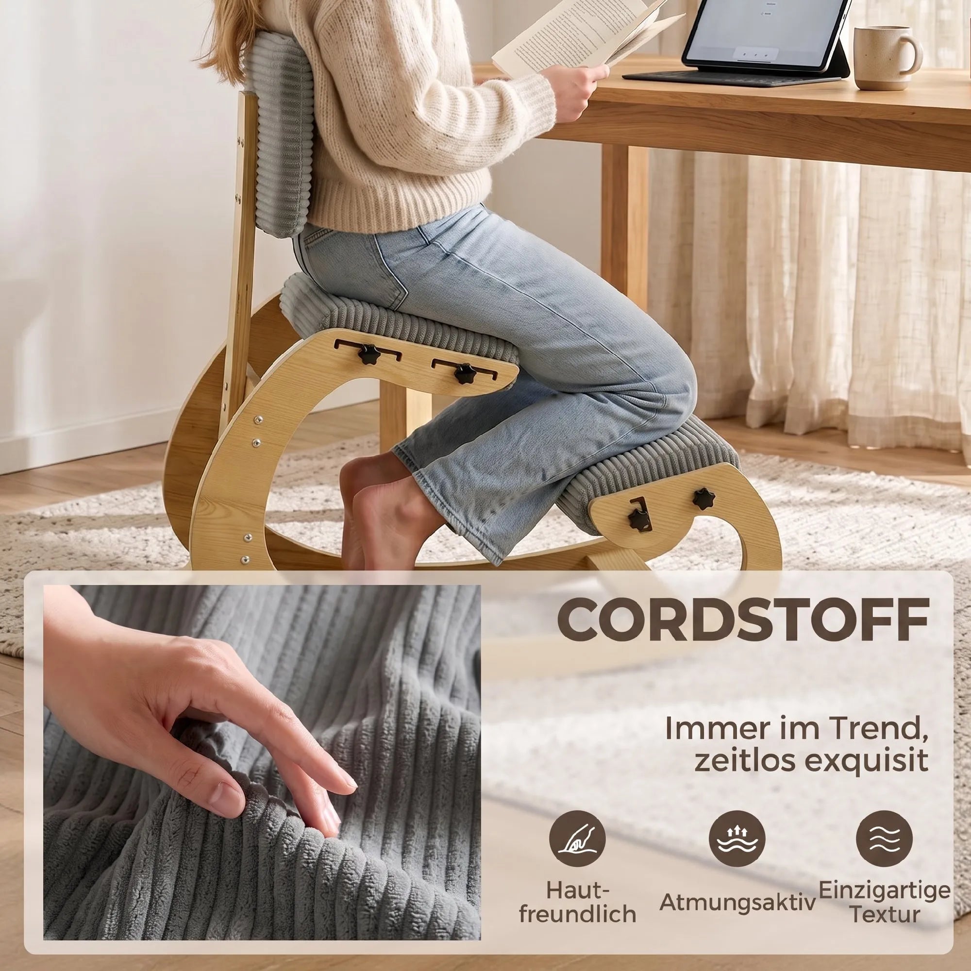 Ergonominė kėdė klūpimoji su atlošu, iki 120 kg, tamsiai pilka