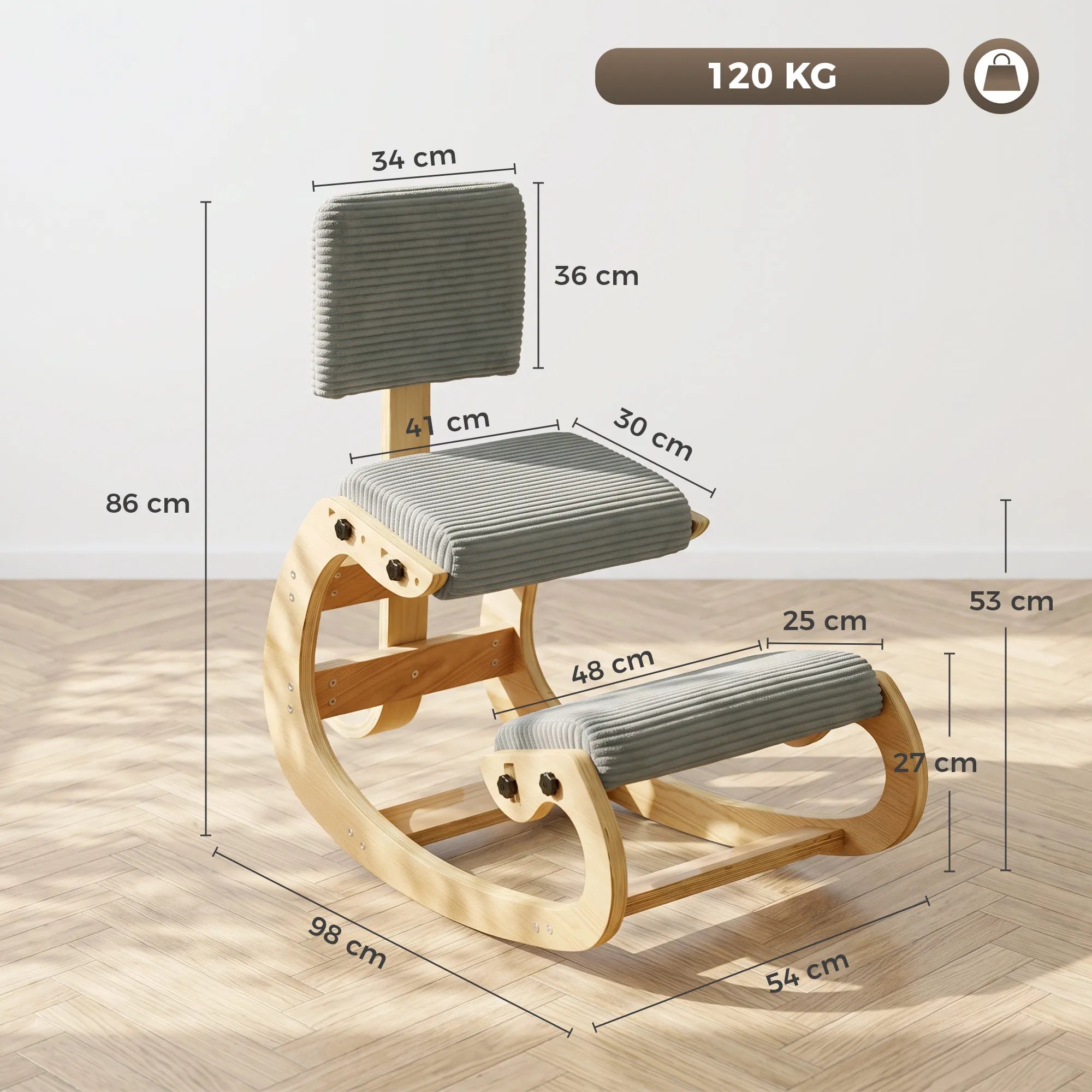 Ergonominė kėdė klūpimoji su atlošu, iki 120 kg, tamsiai pilka