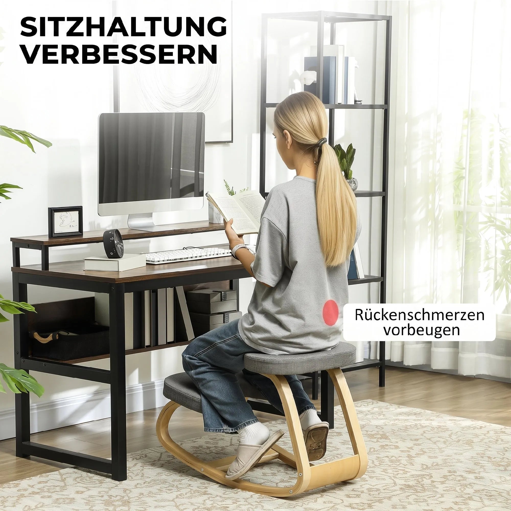 Ergonominė kėdė klūpimui, su beržo medienos pagrindu, pilka